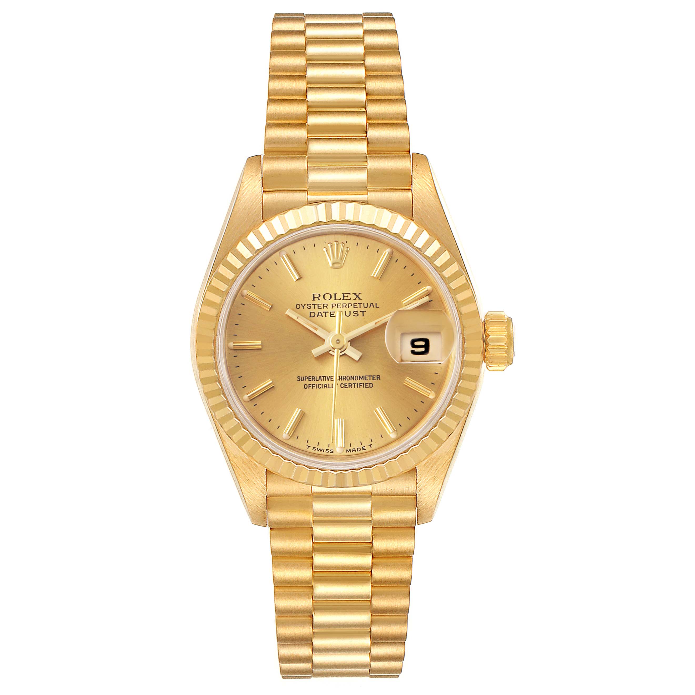 This image shows a front view of the Rolex President 69178 Women's Yellow Gold Champagne Dial 69178 Women's Yellow Gold Champagne Dial model watch, displaying its dial, bezel, and bracelet.