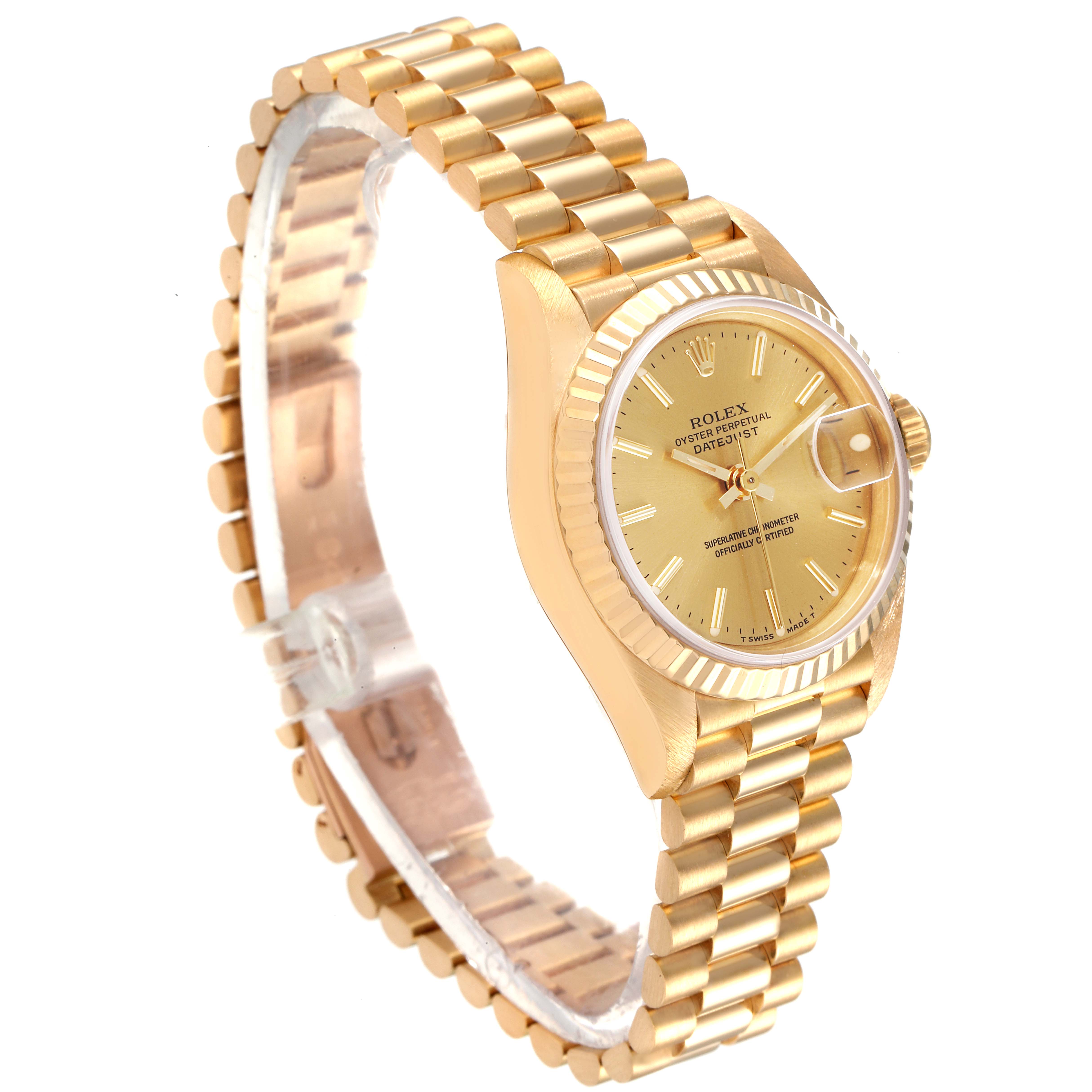 The image shows a side angle of a Rolex President 69178 Women's Yellow Gold Champagne Dial 69178 Women's Yellow Gold Champagne Dial model watch, highlighting its gold band, bezel, and dial.