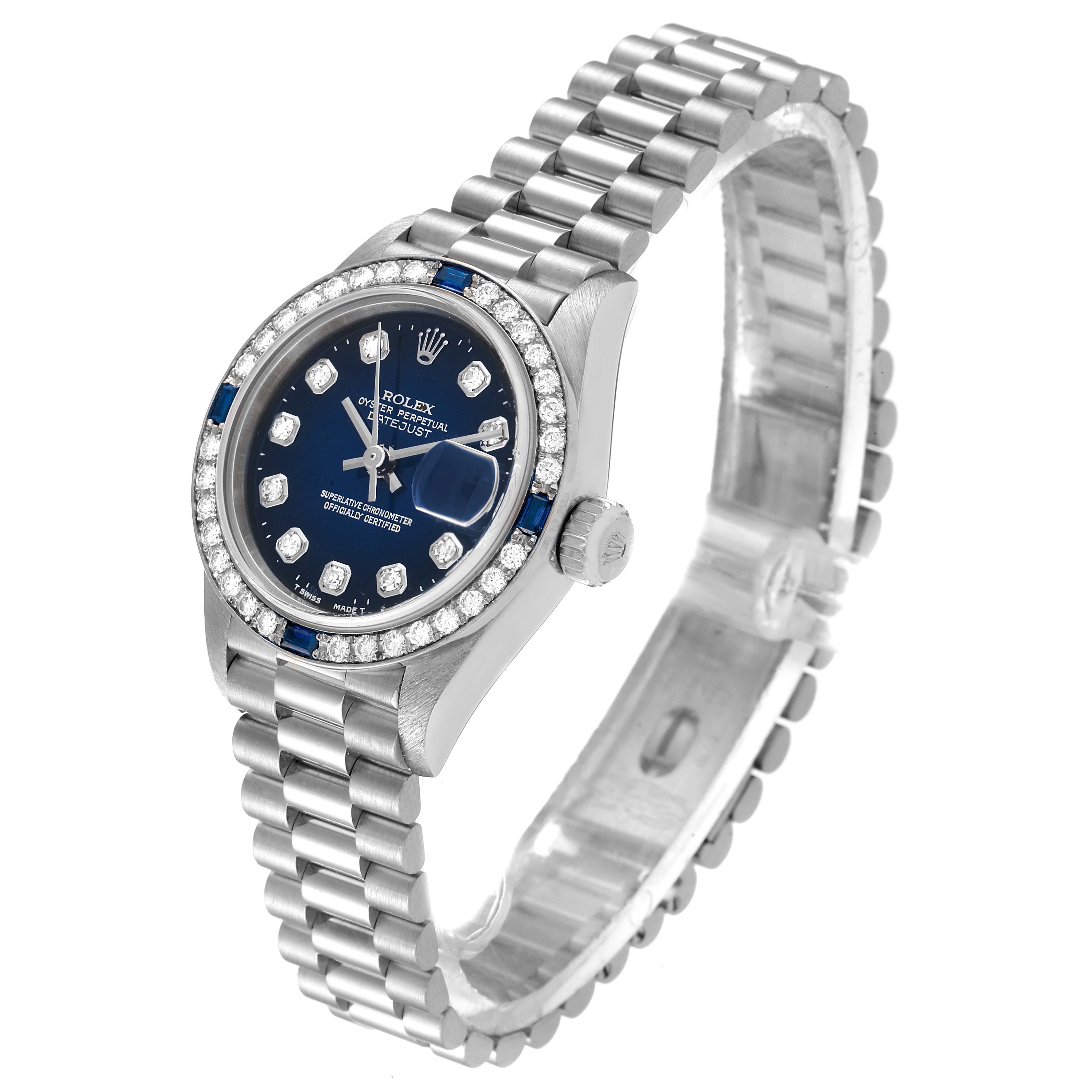 The Rolex President 79089 Women's White Gold Blue Dial 79089 Women's White Gold Blue Dial model watch is shown at an angled top-down view, featuring its face, bezel, crown, and bracelet.