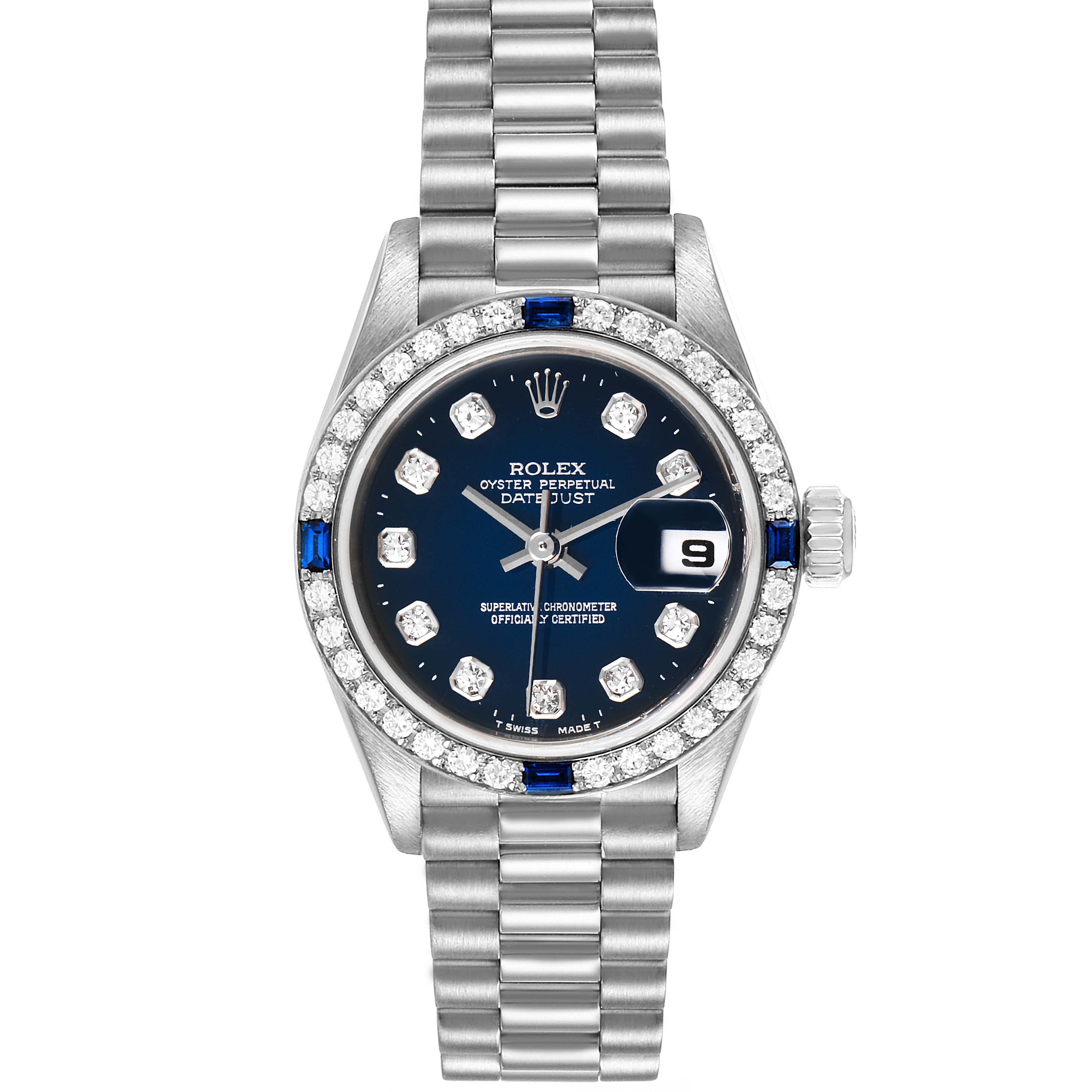 The image shows a front view of a Rolex President 79089 Women's White Gold Blue Dial 79089 Women's White Gold Blue Dial model watch, highlighting its dial, bezel, and bracelet.