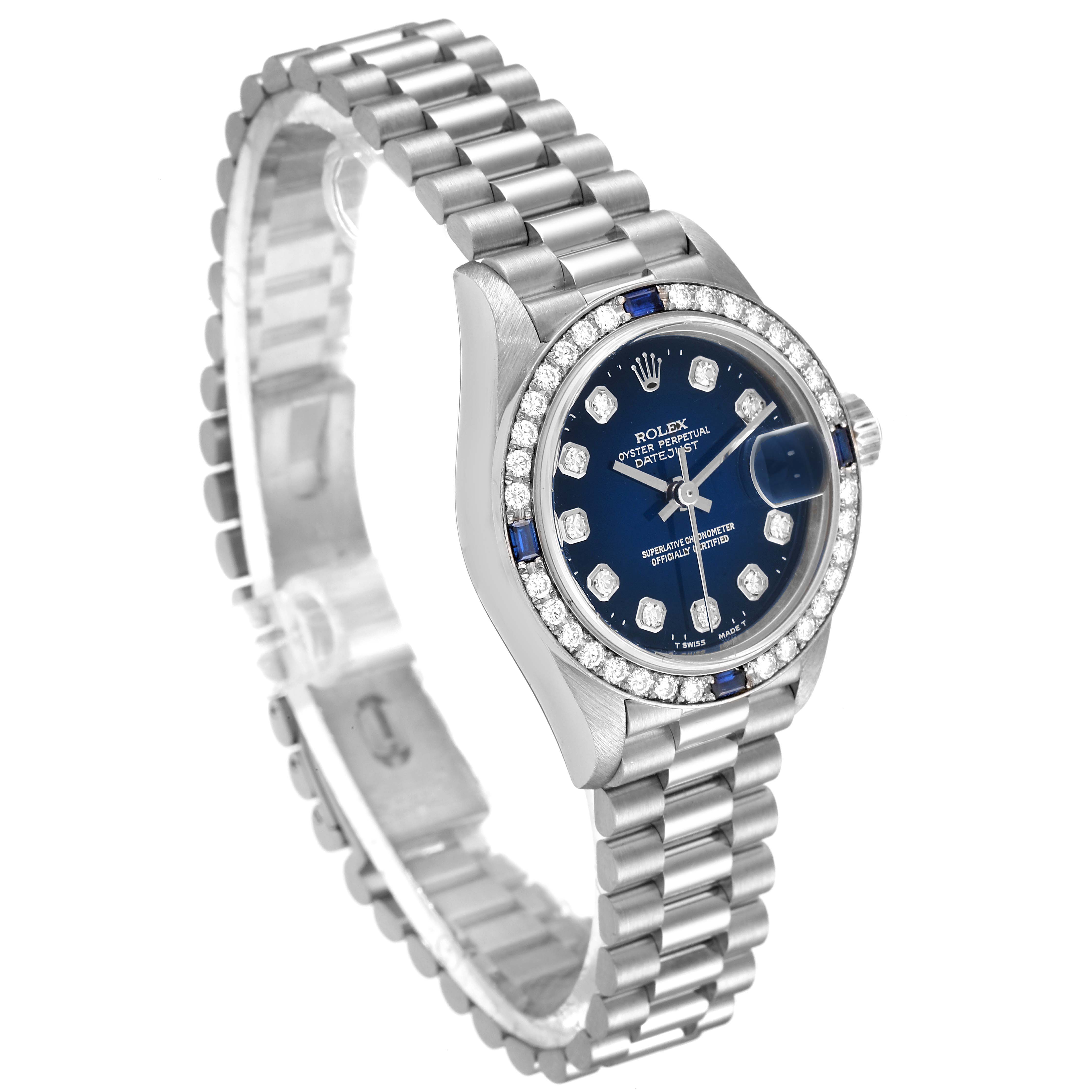 The image shows a Rolex President 79089 Women's White Gold Blue Dial 79089 Women's White Gold Blue Dial model watch at a slight angle, highlighting its face, bezel, and bracelet.