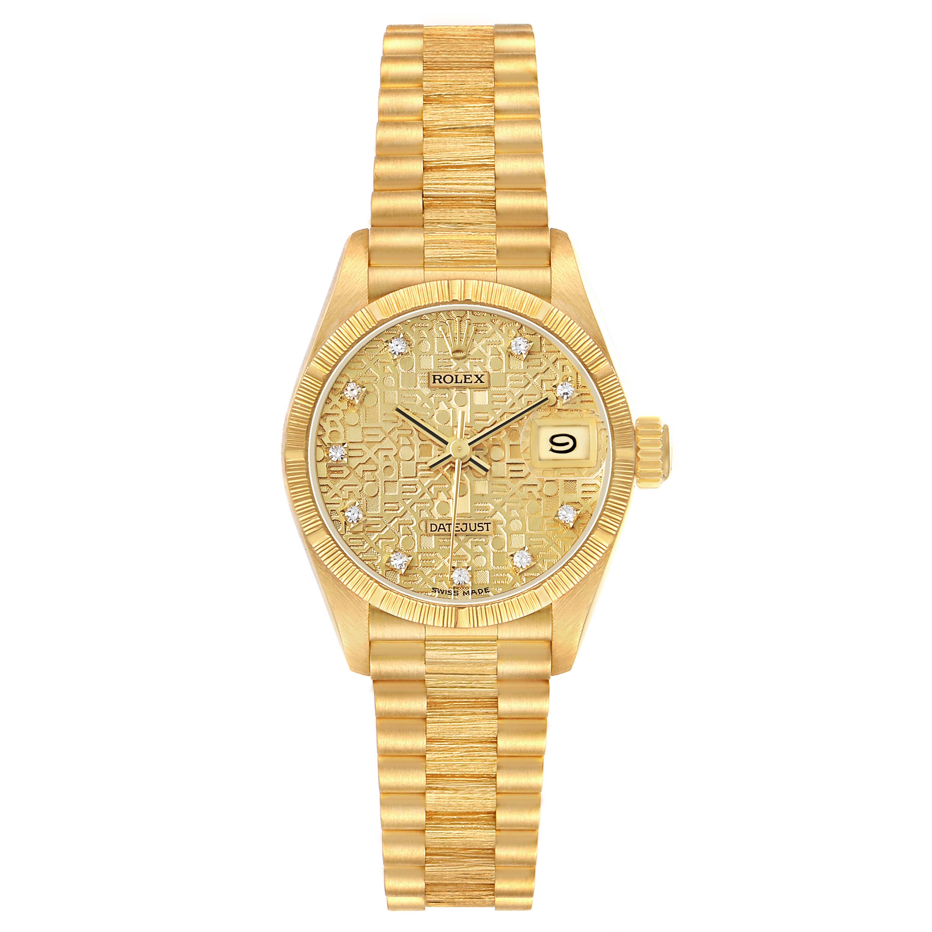 The Rolex President 69278 Women's Yellow Gold Champagne Dial model watch is shown from a front view, highlighting its dial, bracelet, and crown.