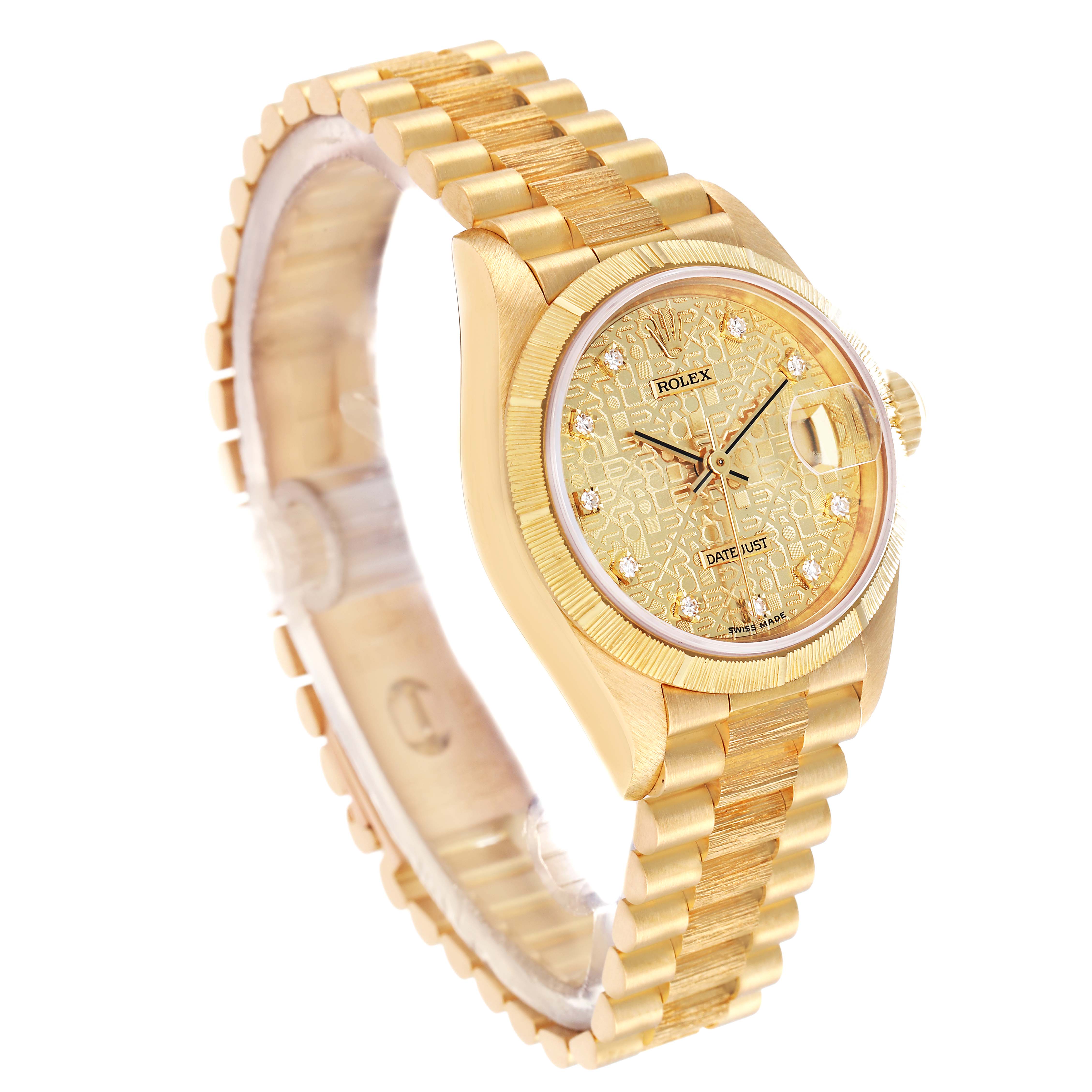 The Rolex President 69278 Women's Yellow Gold Champagne Dial model watch is shown at a three-quarter angle, highlighting the gold bracelet, bezel, and detailed dial.