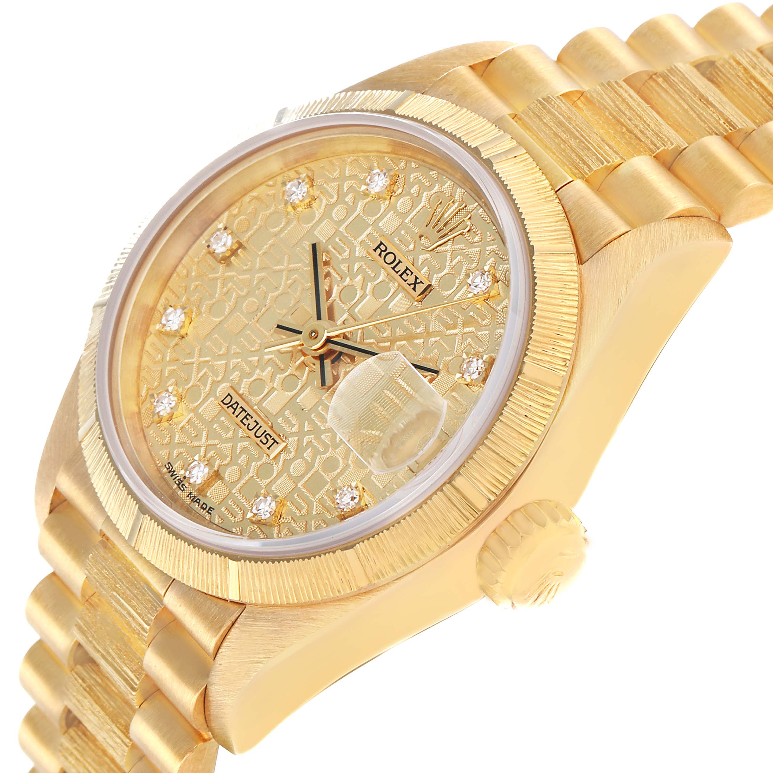 The Rolex President 69278 Women's Yellow Gold Champagne Dial model watch is shown at a slight angle, highlighting its gold dial, diamond indices, fluted bezel, and bracelet.
