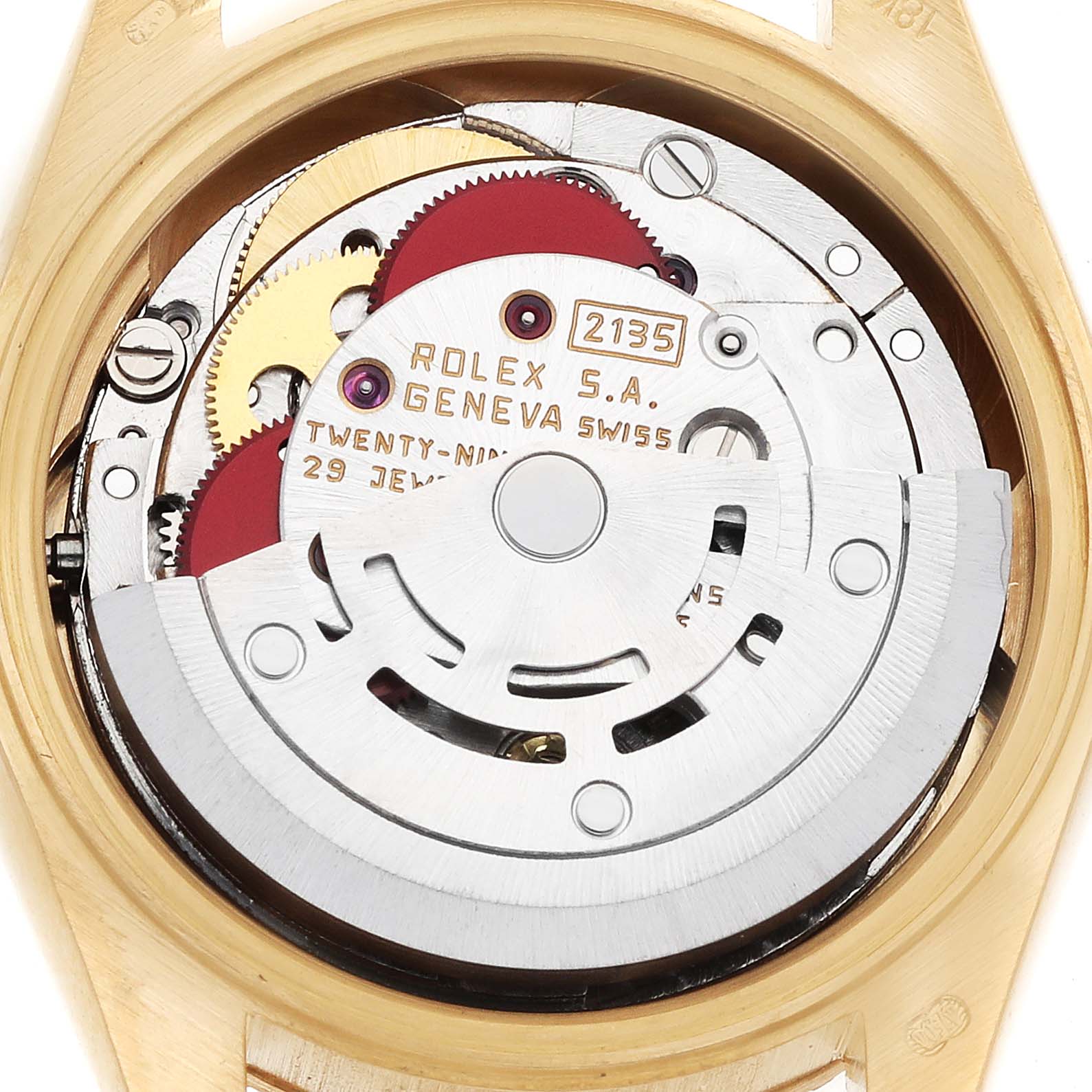The image shows the movement of a Rolex President 69278 Women's Yellow Gold Champagne Dial model watch, highlighting its internal components from a back angle.