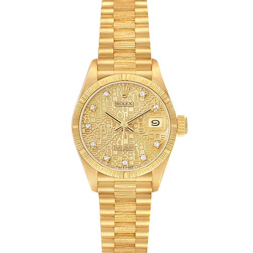 Photo of Rolex President Datejust Yellow Gold Bark Finish Diamond Ladies Watch 69278