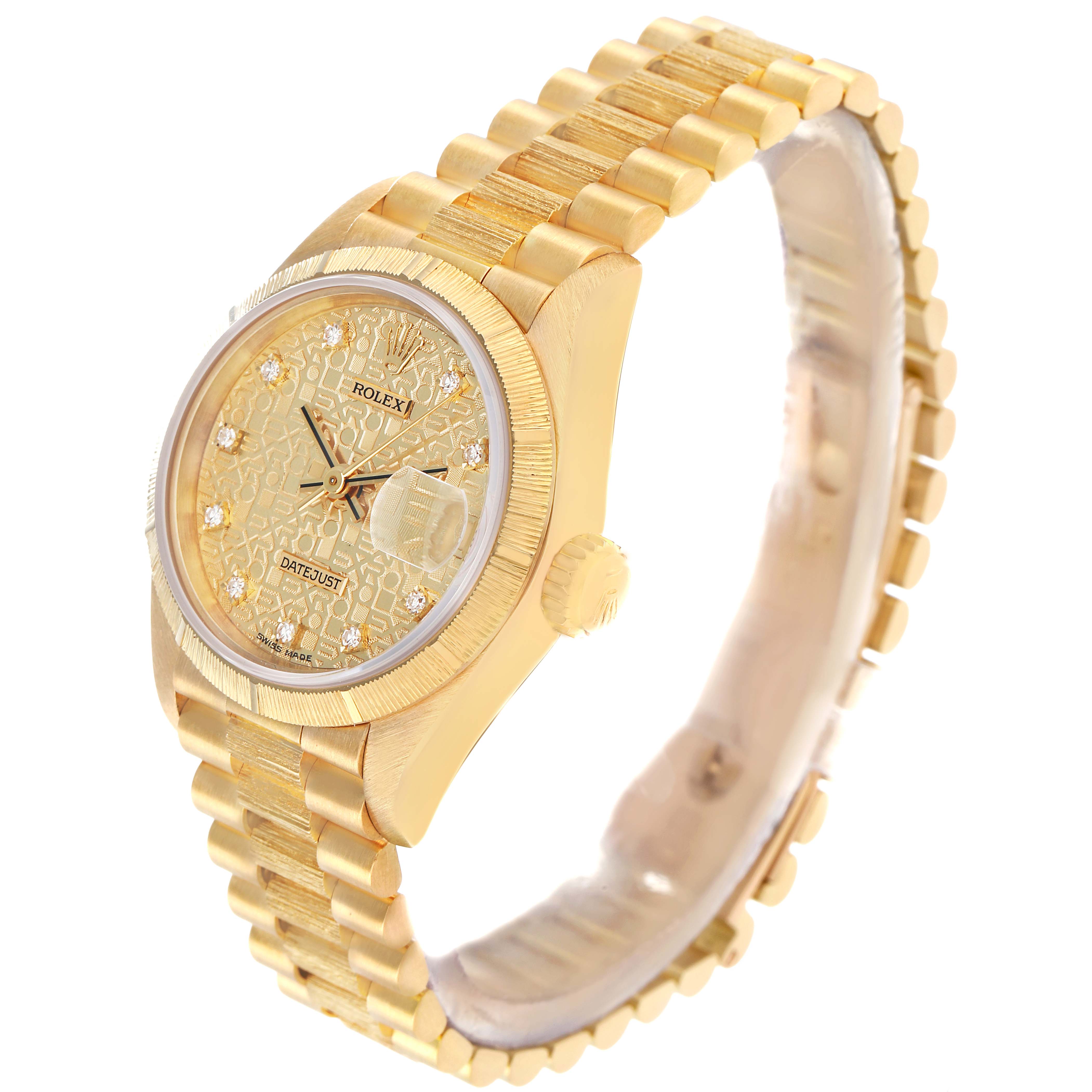 The Rolex President 69278 Women's Yellow Gold Champagne Dial watch is shown at a three-quarter angle, displaying its gold dial, bezel, crown, and bracelet.