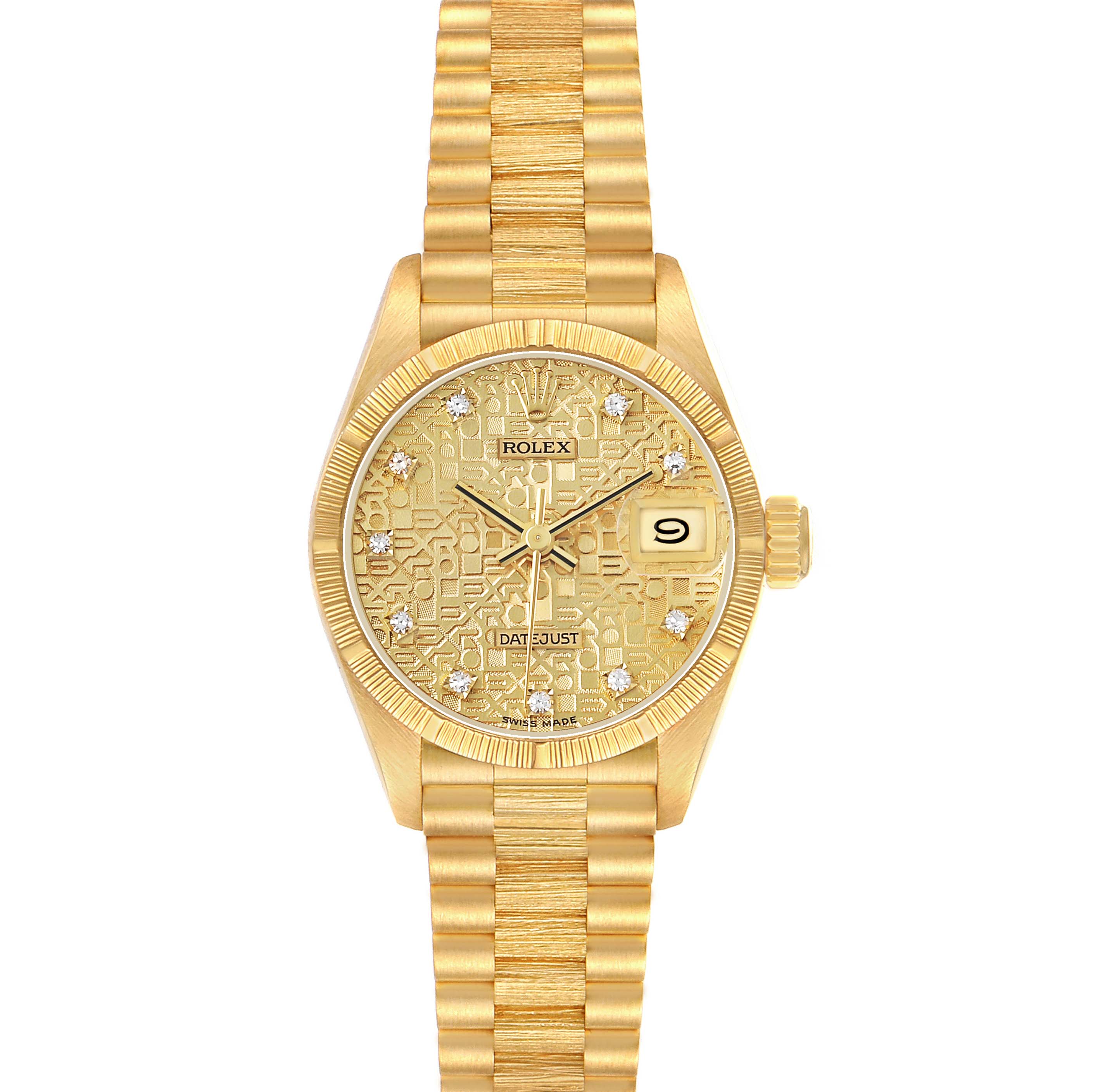 The Rolex President 69278 Women's Yellow Gold Champagne Dial watch is shown front-on, featuring the dial, bezel, bracelet, crown, and date window.