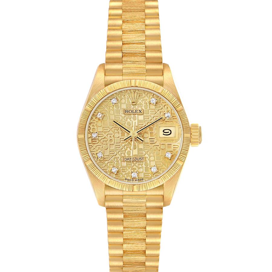 The Rolex President 69278 Women's Yellow Gold Champagne Dial watch is shown front-on, featuring the dial, bezel, bracelet, crown, and date window.