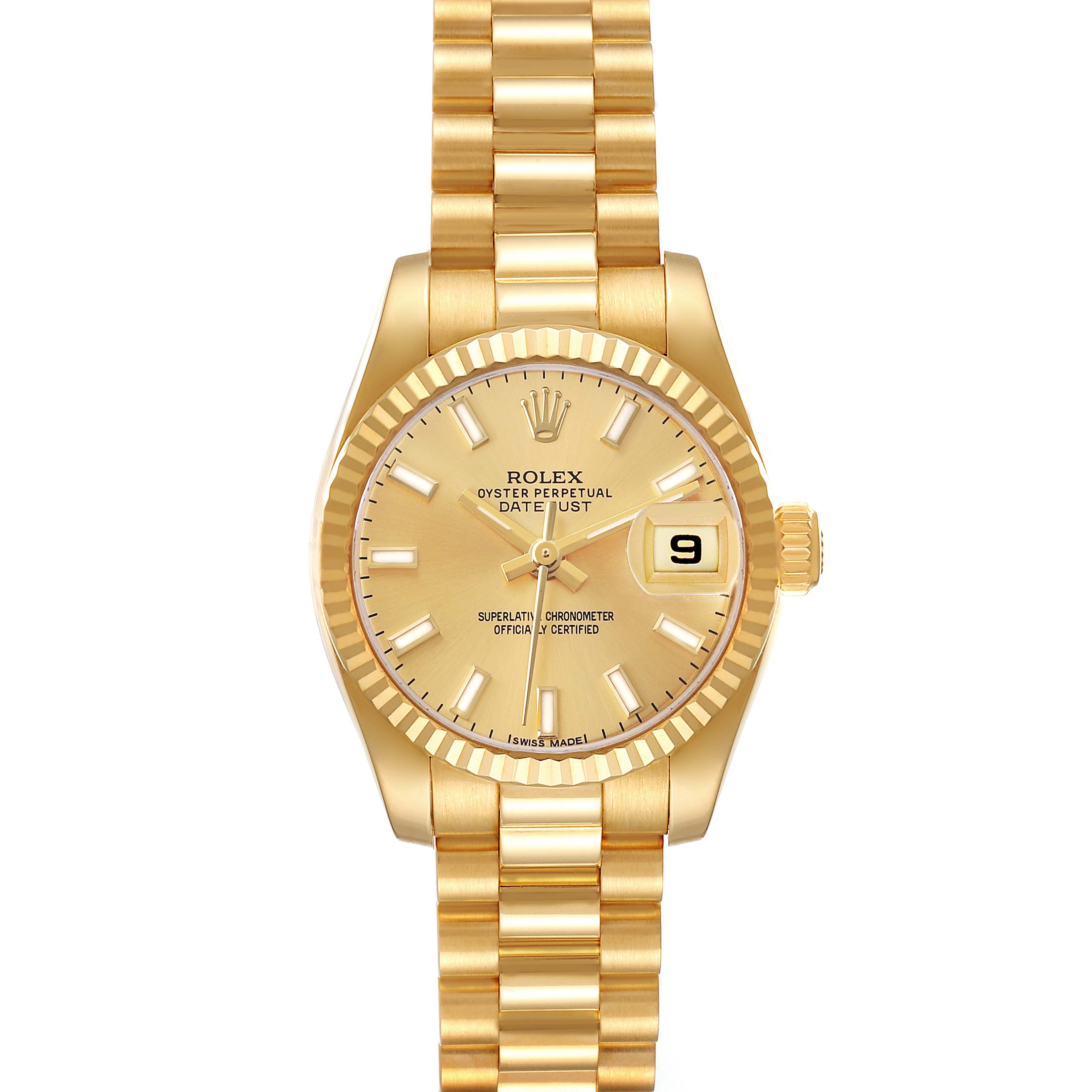 The Rolex President 179178 Women's Yellow Gold Champagne Dial model is shown from a top view, highlighting the gold dial, fluted bezel, and President bracelet.