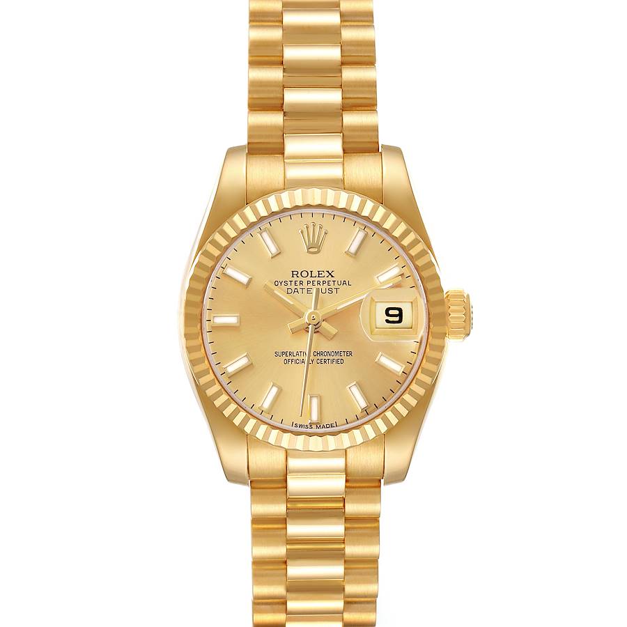 The Rolex President 179178 Women's Yellow Gold Champagne Dial model is shown from a top view, highlighting the gold dial, fluted bezel, and President bracelet.
