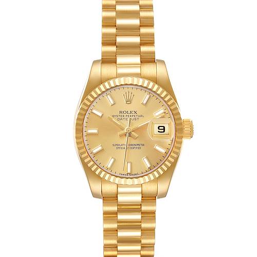 The Rolex President 179178 Women's Yellow Gold Champagne Dial model watch is shown from a top view, highlighting its gold dial, fluted bezel, and President bracelet.