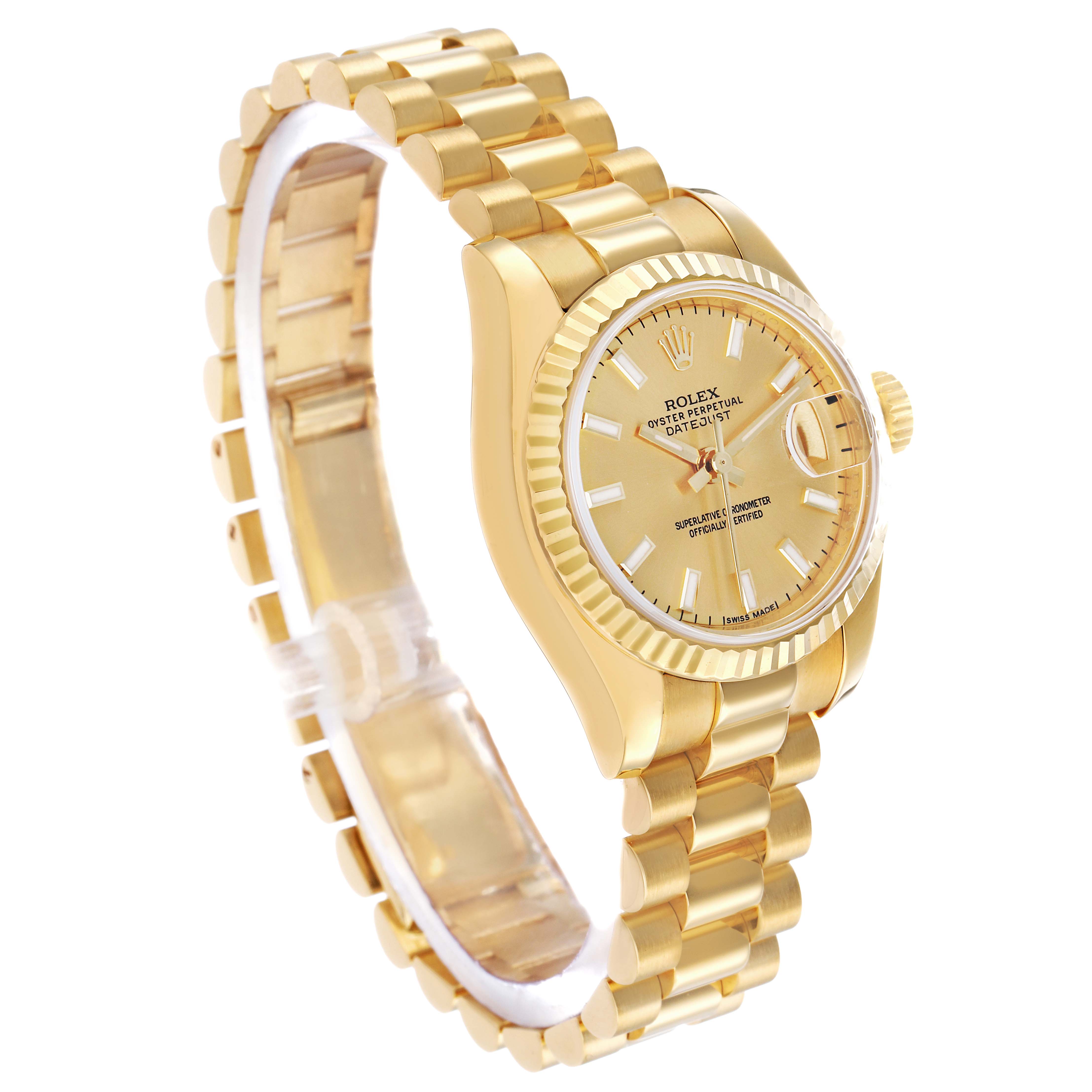 The Rolex President 179178 Women's Yellow Gold Champagne Dial watch is shown at a slight angle, displaying its face, bezel, crown, and bracelet.