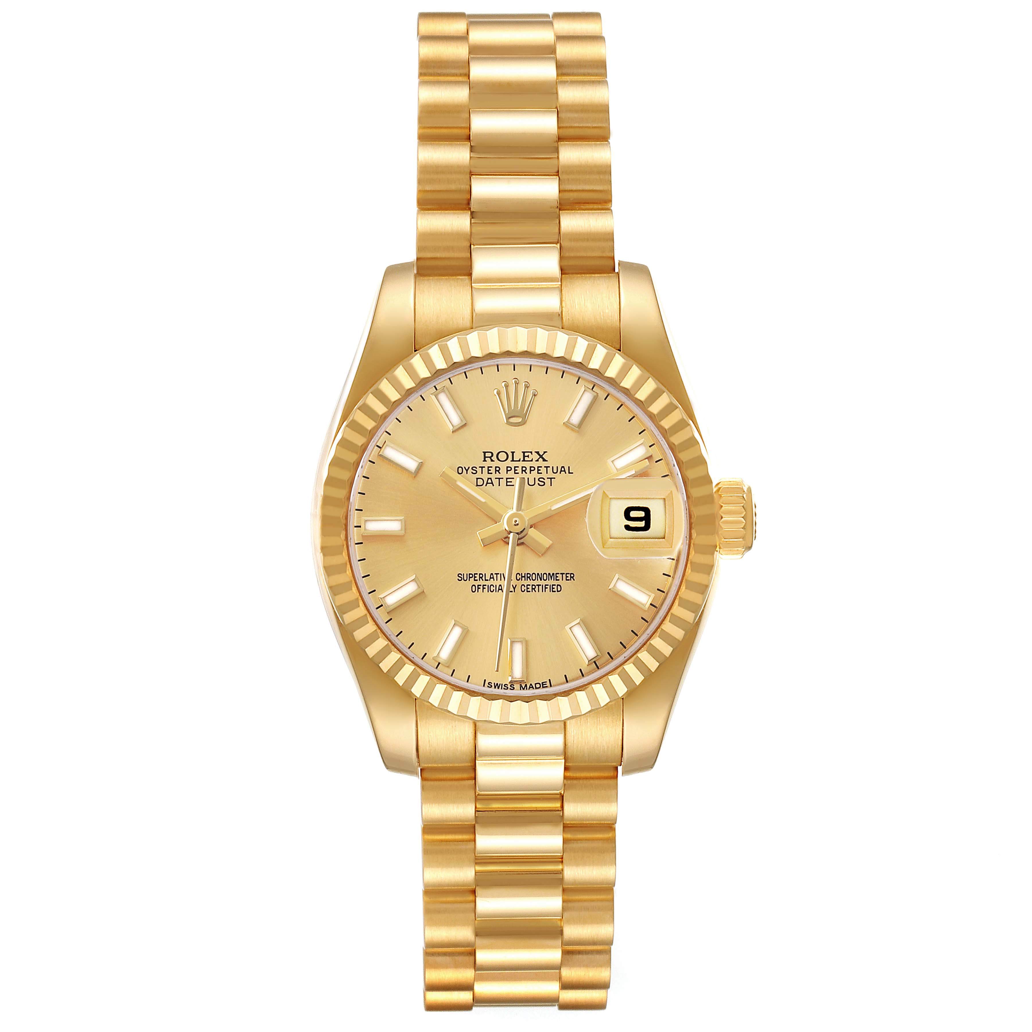The Rolex President 179178 Women's Yellow Gold Champagne Dial model watch is shown from a front angle, highlighting the bracelet, dial, case, and date window.