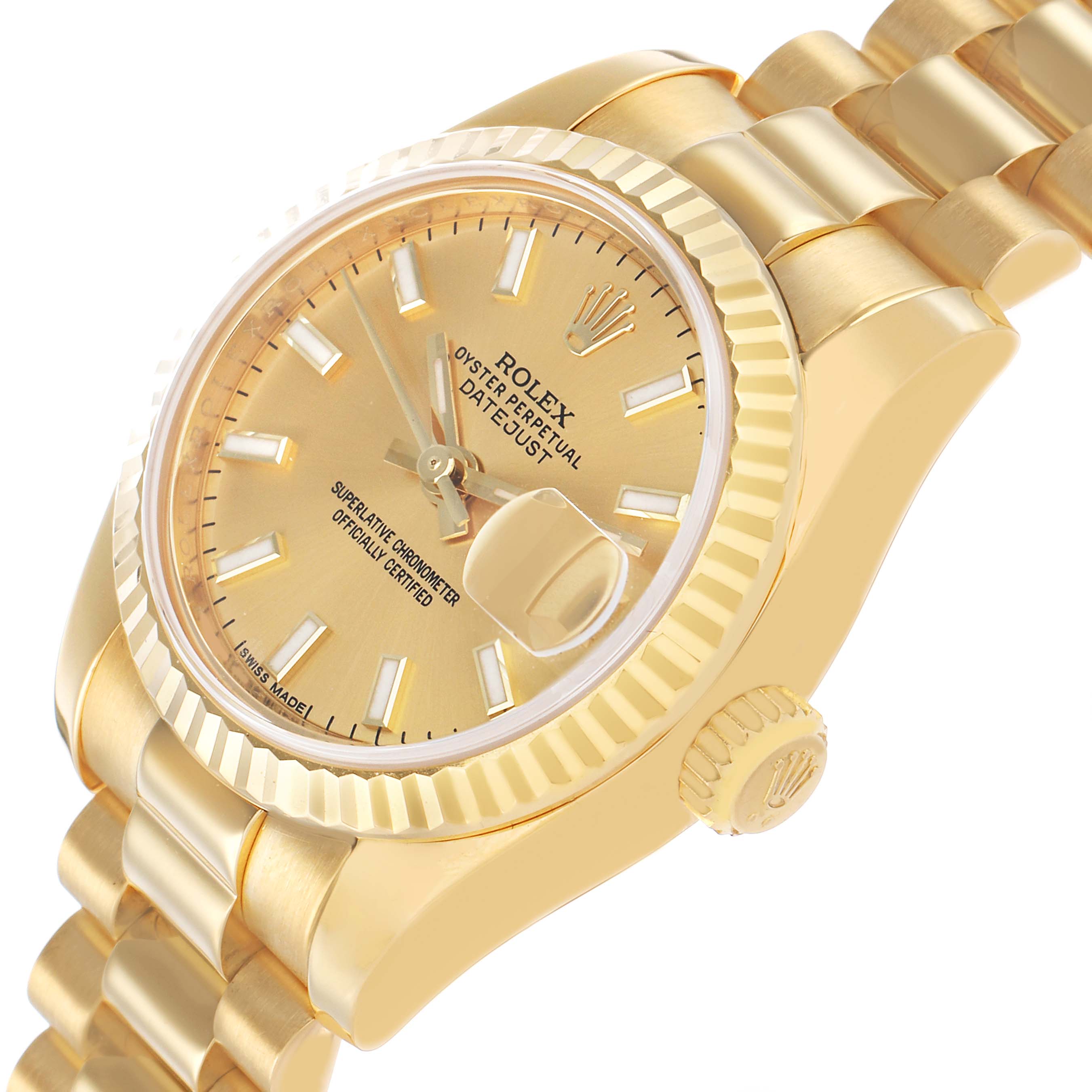 The Rolex President 179178 Women's Yellow Gold Champagne Dial watch is shown at an angle highlighting the bezel, dial, crown, and part of the bracelet.