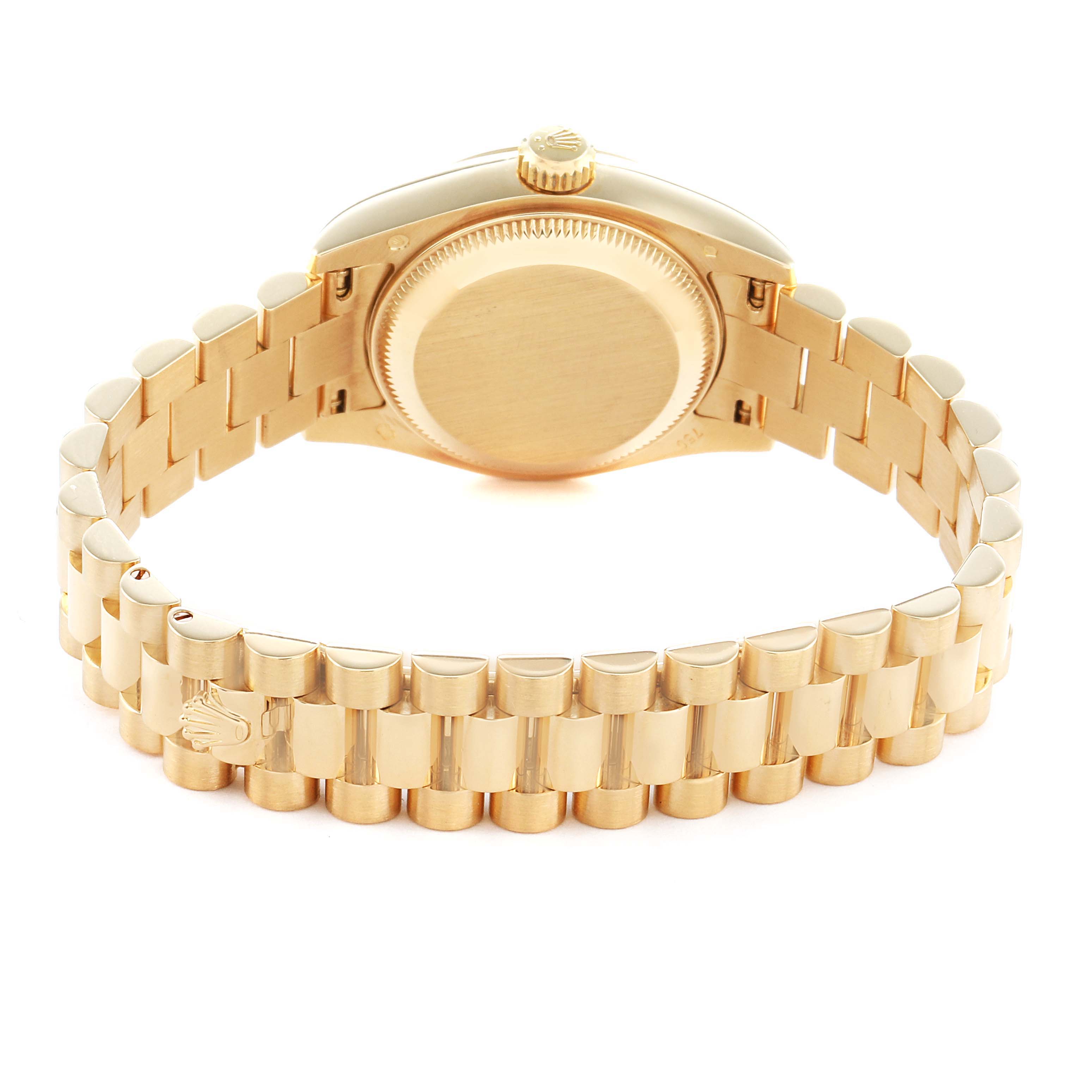 The Rolex President 179178 Women's Yellow Gold Champagne Dial model watch is shown from a rear angle, highlighting the bracelet and the back of the case.