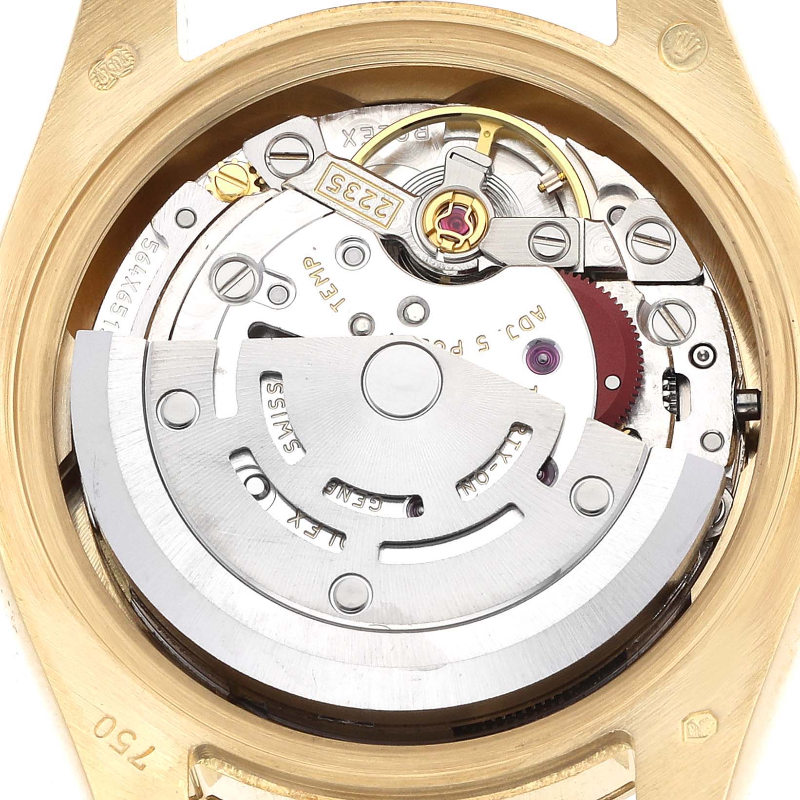 The image shows the movement and rotor of a Rolex President 179178 Women's Yellow Gold Champagne Dial model, viewed from the back.