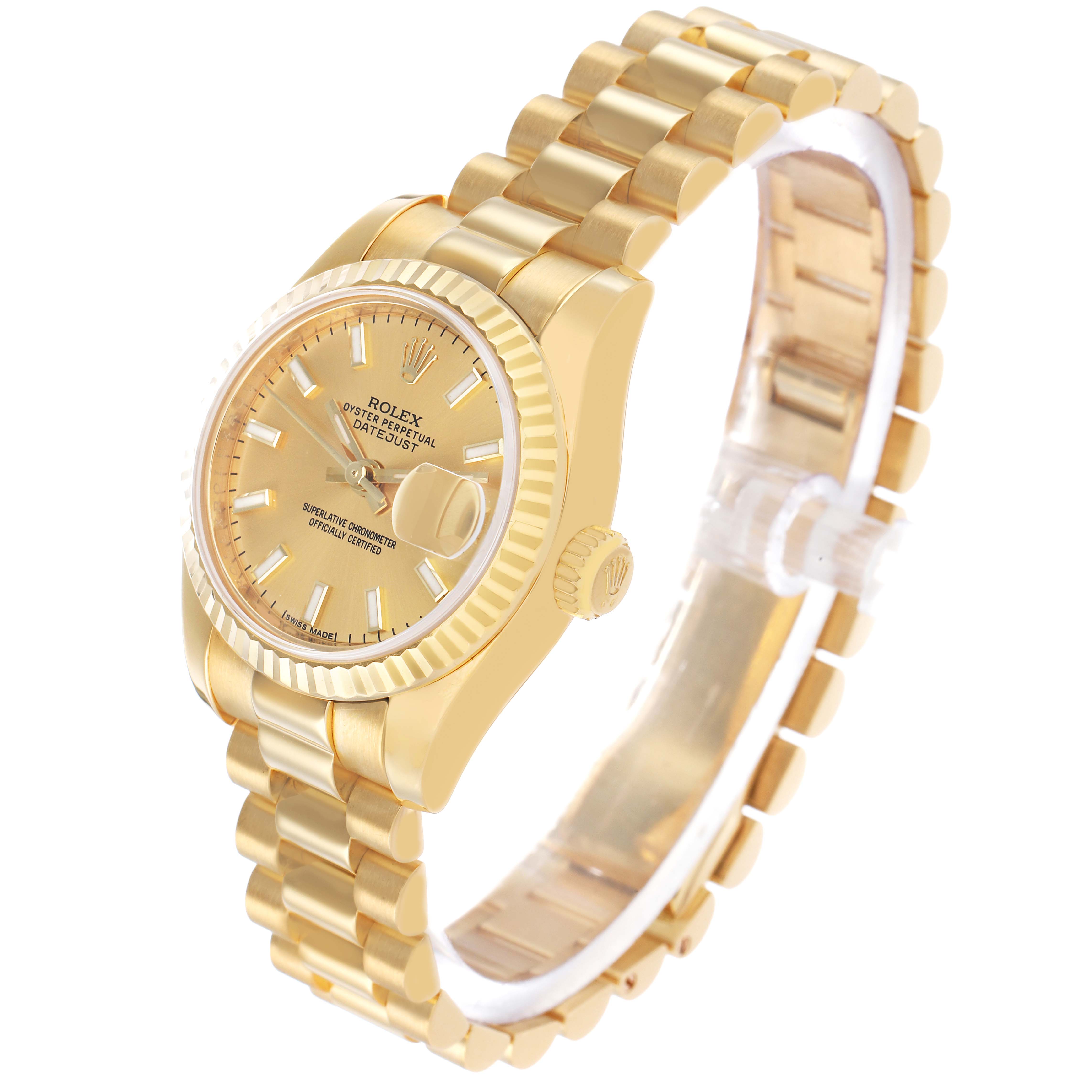The Rolex President 179178 Women's Yellow Gold Champagne Dial model watch is shown at a three-quarter angle, highlighting the dial, bezel, and bracelet.