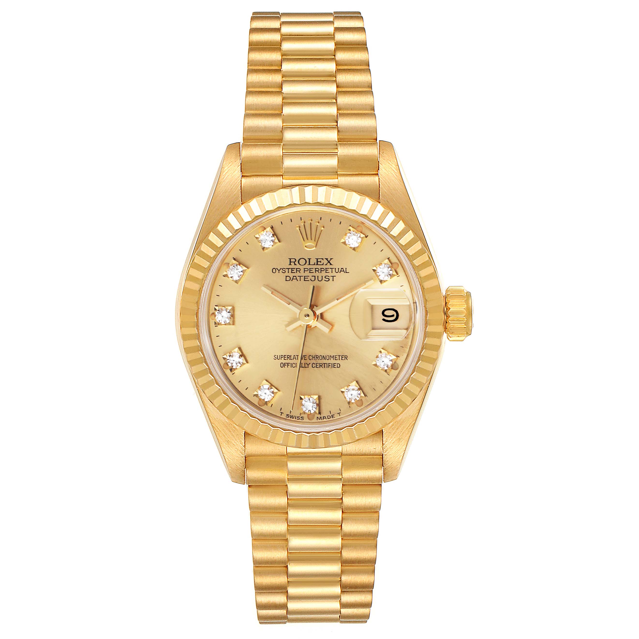 The Rolex President 69178 Women's Yellow Gold Champagne Dial 69178 Women's Yellow Gold Champagne Dial model watch is shown in a straight-on angle, featuring its gold bracelet, dial, and date window.