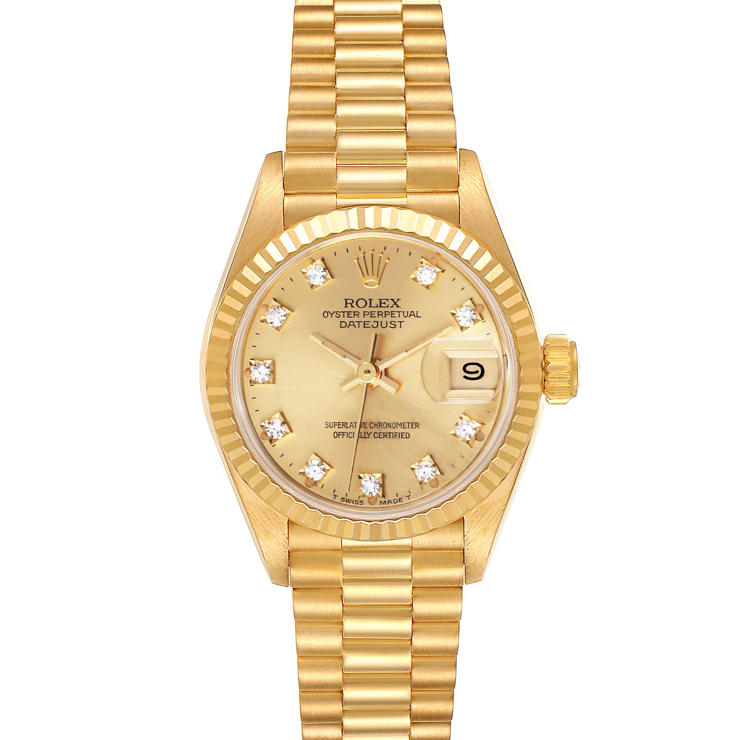 The image shows a frontal view of a Rolex President 69178 Women's Yellow Gold Champagne Dial 69178 Women's Yellow Gold Champagne Dial Datejust watch, highlighting the dial, bracelet, and date window.