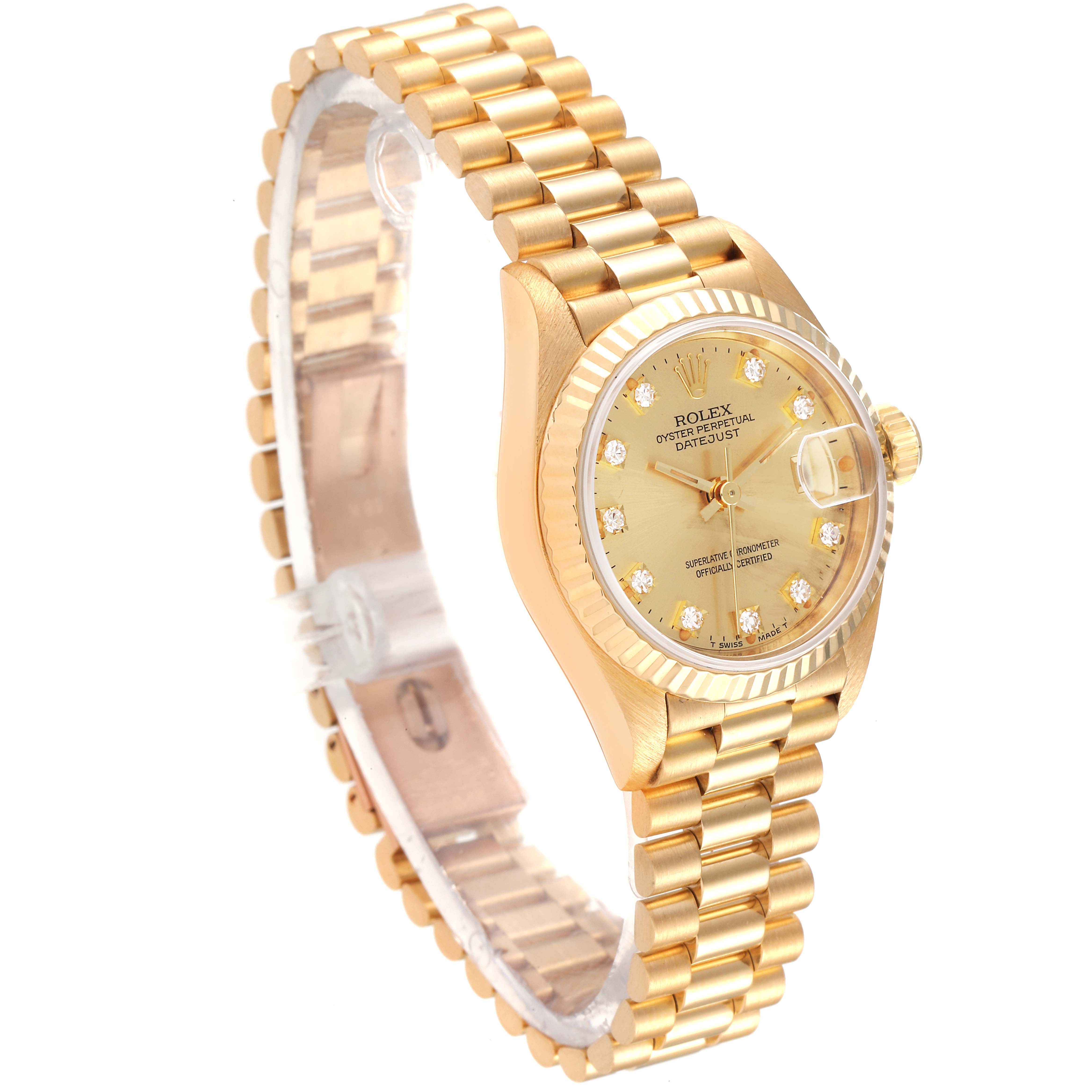 The Rolex President 69178 Women's Yellow Gold Champagne Dial 69178 Women's Yellow Gold Champagne Dial model watch is shown from a side angle, displaying its gold bracelet and face with diamond markers.