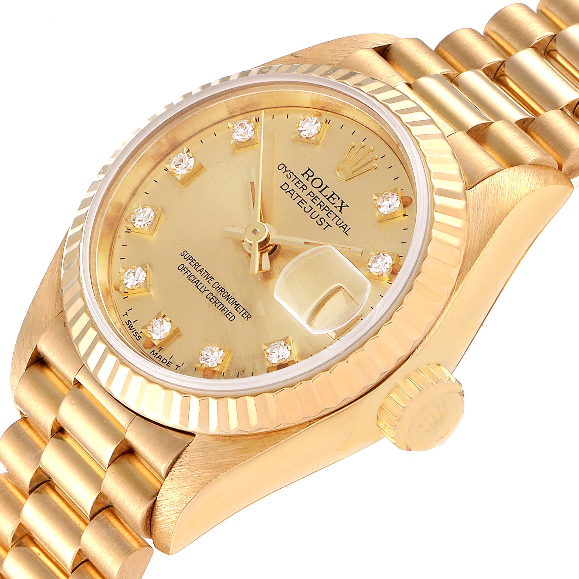 This image shows a Rolex President 69178 Women's Yellow Gold Champagne Dial 69178 Women's Yellow Gold Champagne Dial model watch angled to display the dial, bezel, crown, and bracelet.