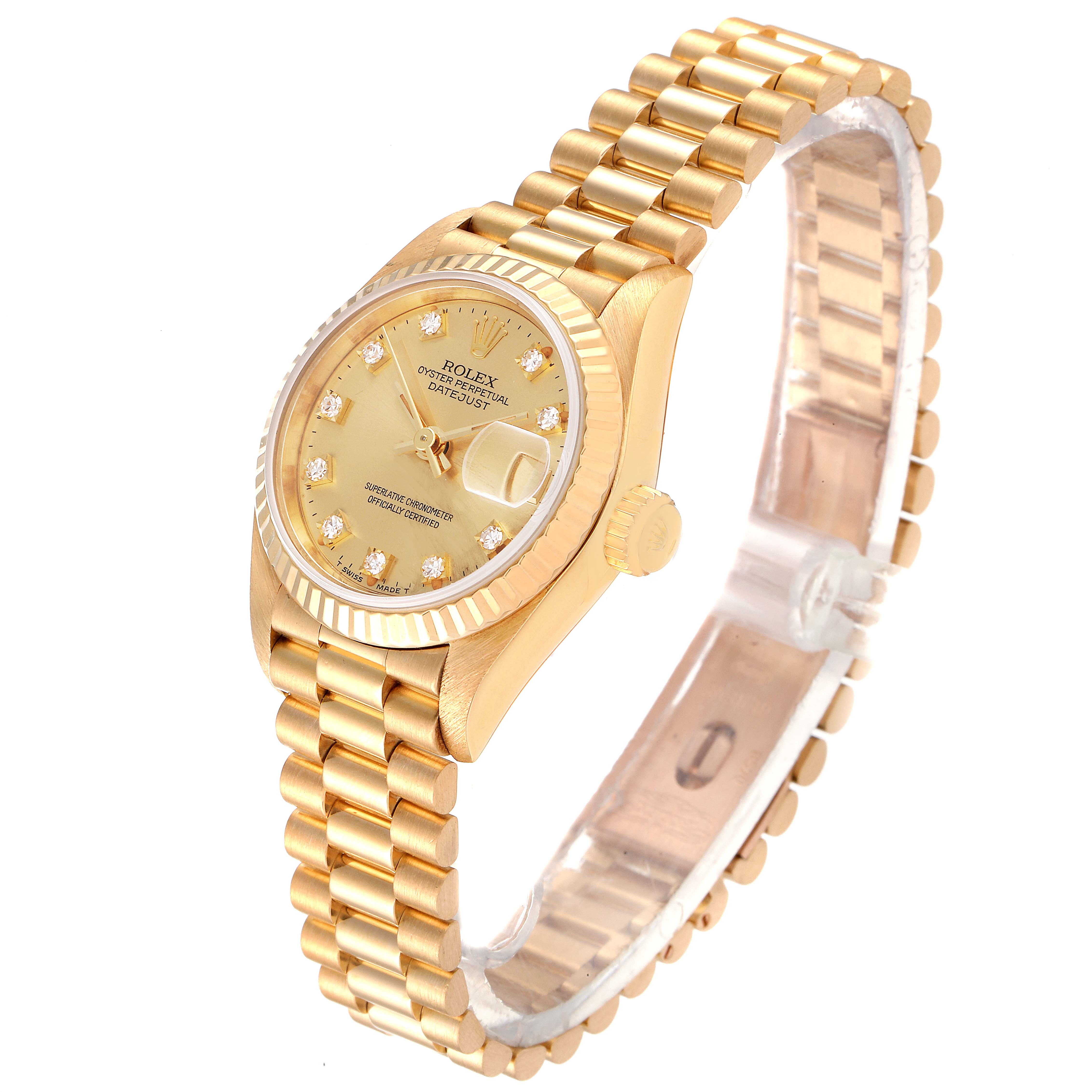 This image shows a Rolex President 69178 Women's Yellow Gold Champagne Dial 69178 Women's Yellow Gold Champagne Dial model watch from an angled view, highlighting the bracelet, bezel, and dial.