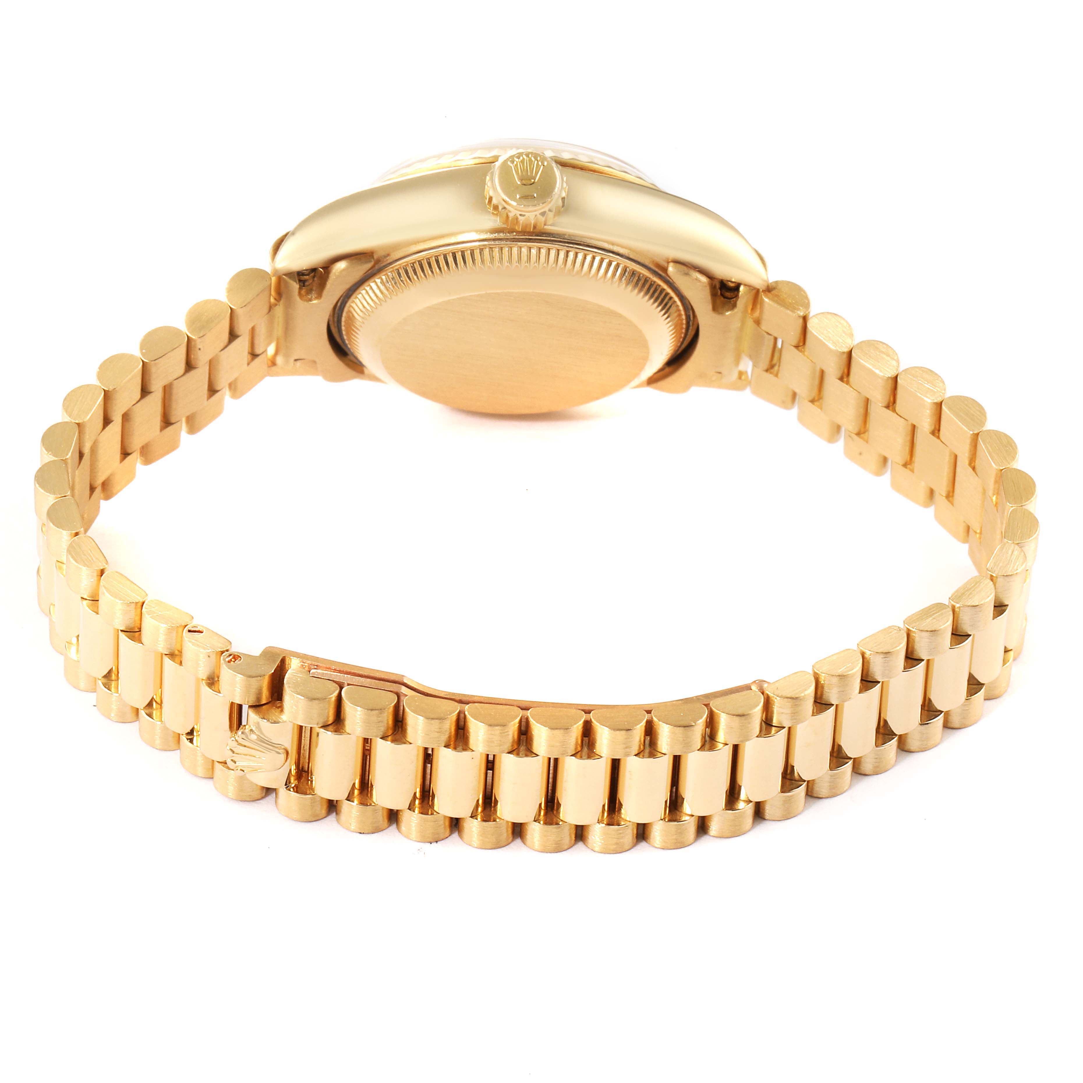 The Rolex President 69178 Women's Yellow Gold Champagne Dial 69178 Women's Yellow Gold Champagne Dial model watch is shown from the rear, highlighting the gold case back and the gold bracelet.