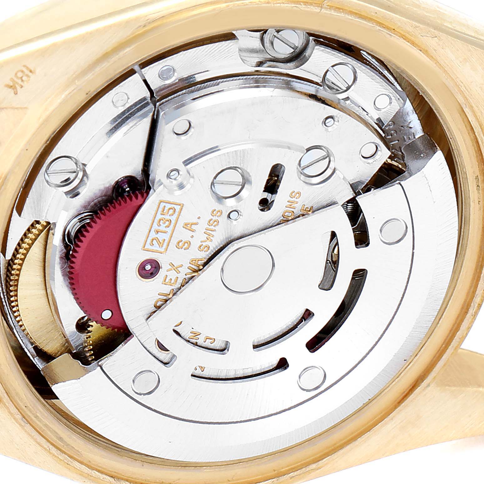 The image shows the inner mechanism and movement of a Rolex President 69178 Women's Yellow Gold Champagne Dial 69178 Women's Yellow Gold Champagne Dial model watch from a close-up angle.