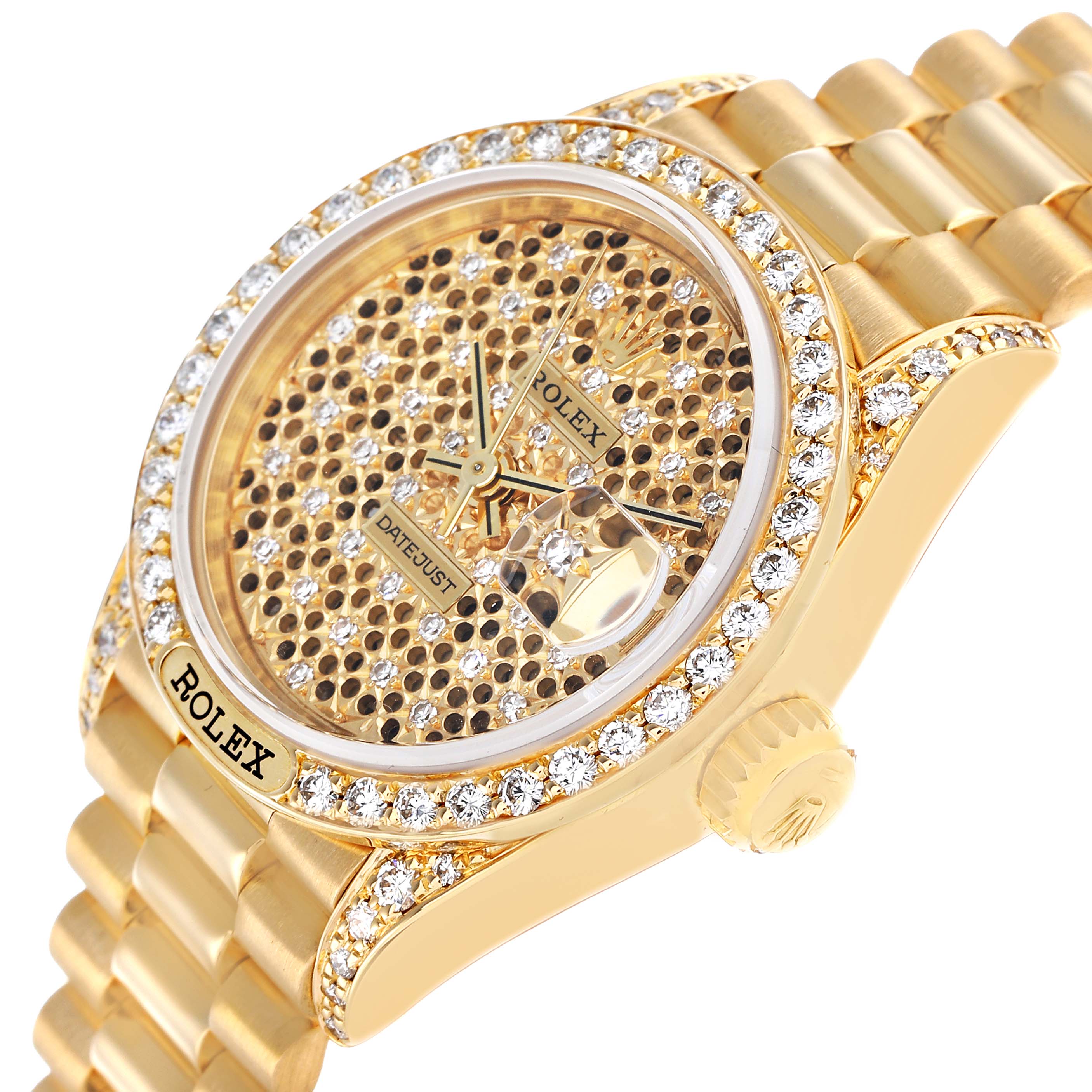 The Rolex President 69158 Women's Yellow Gold Champagne Dial model is shown at an angle highlighting the diamond-studded bezel, dial, and bracelet.