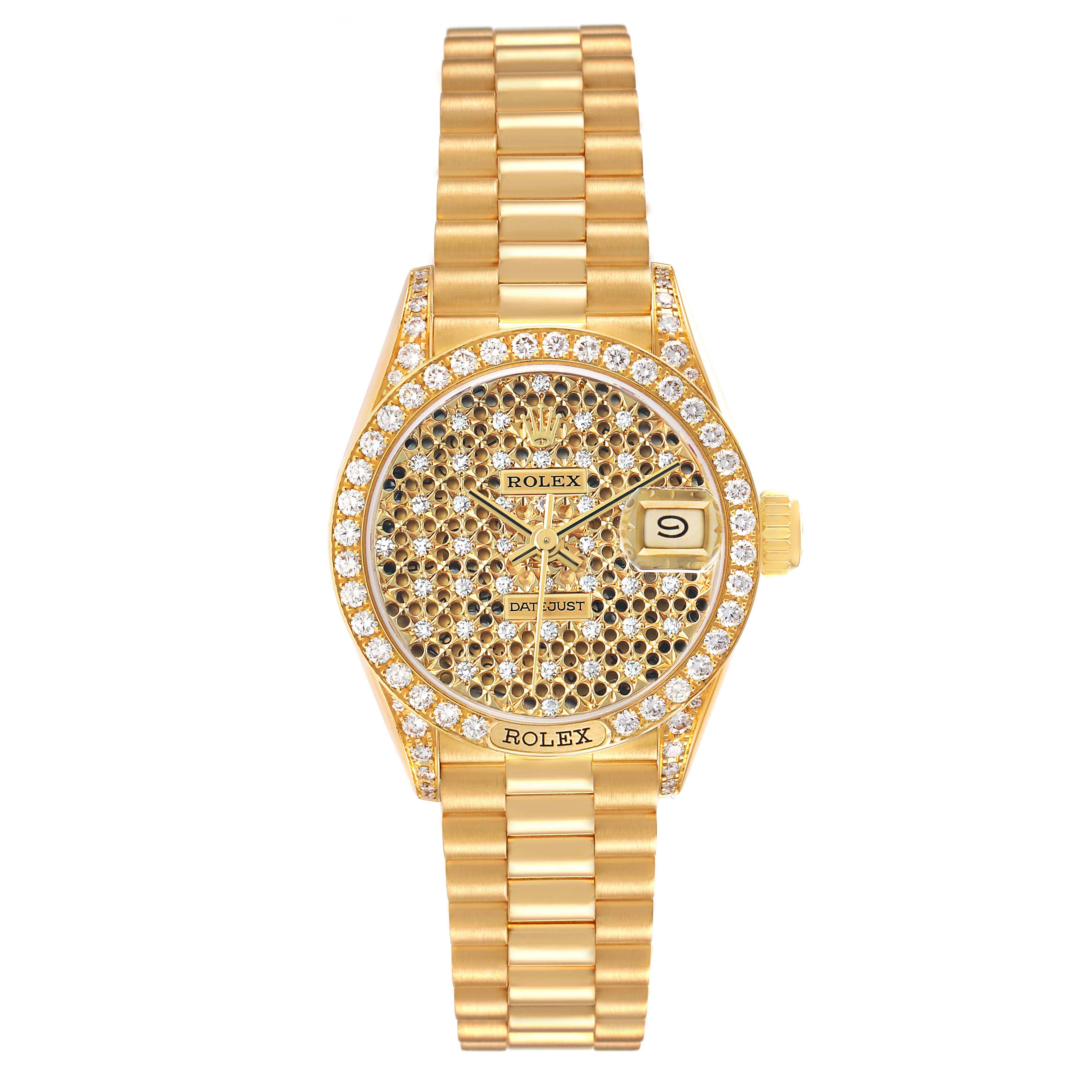 The Rolex President 69158 Women's Yellow Gold Champagne Dial watch is shown from a top-down angle, highlighting its gold bracelet, diamond-studded bezel, and dial.