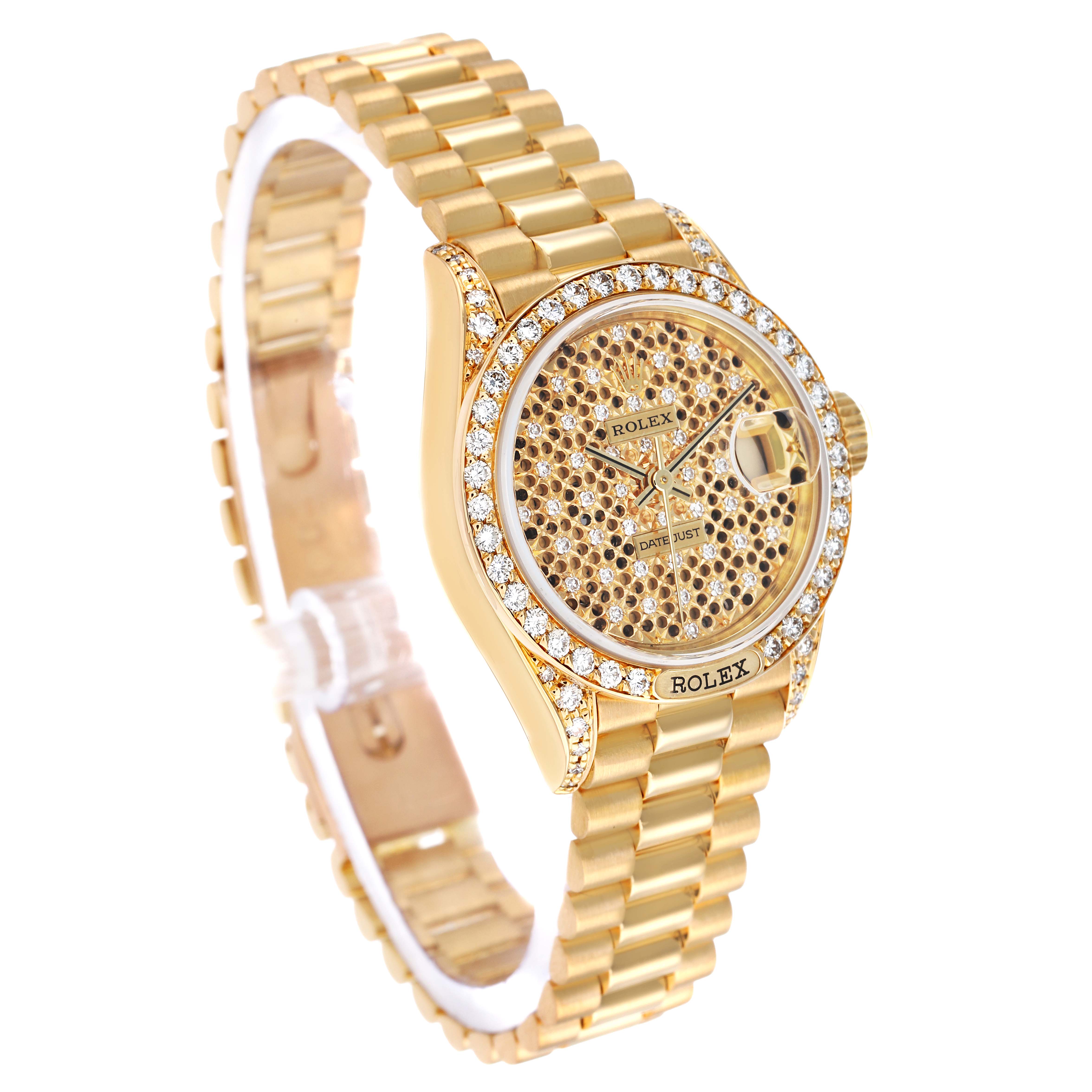 The Rolex President 69158 Women's Yellow Gold Champagne Dial model watch is shown at a slight angle, highlighting the gold bracelet, diamond bezel, and detailed dial.