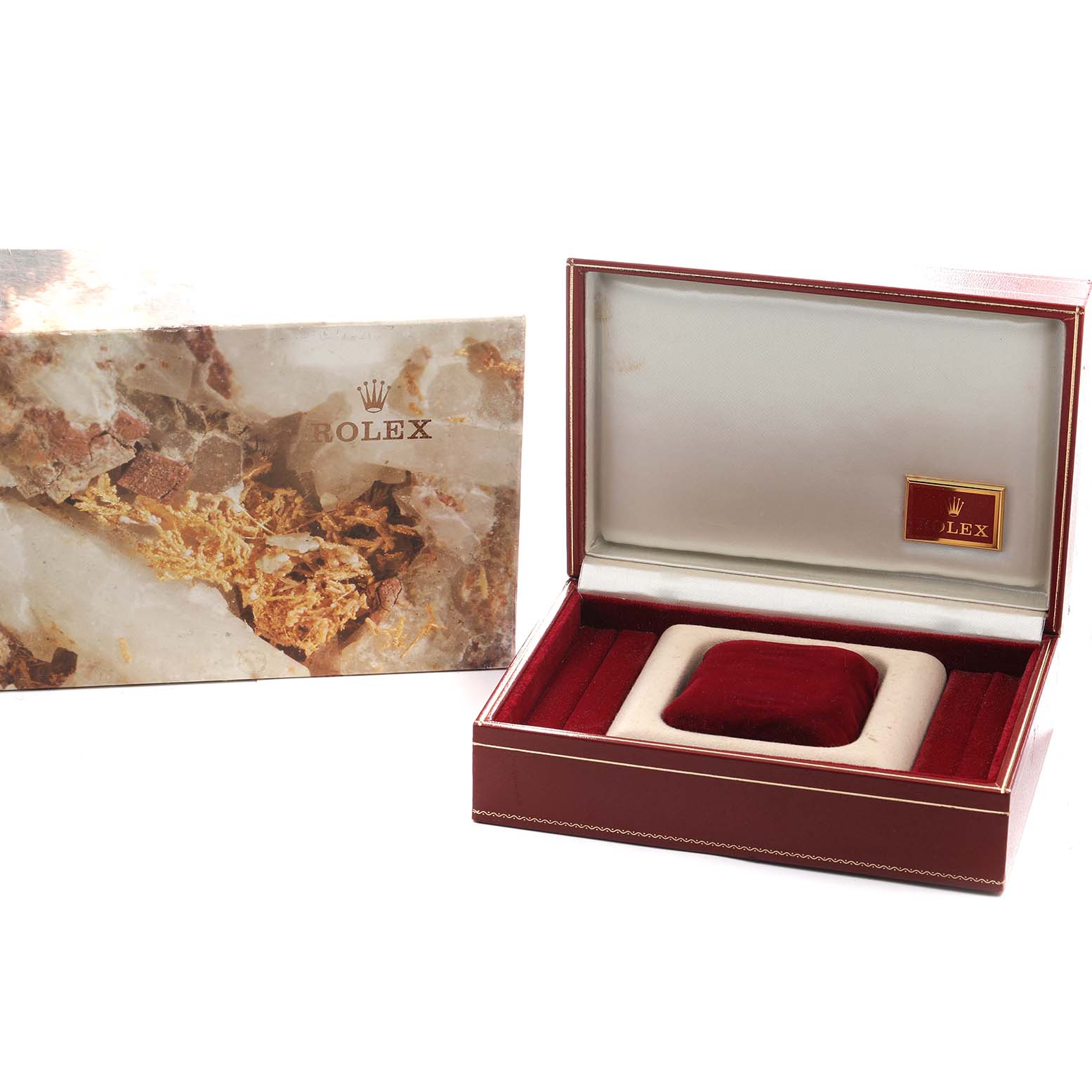 The image shows an open Rolex President 69158 Women's Yellow Gold Champagne Dial watch box with red interior, alongside its branded outer packaging.