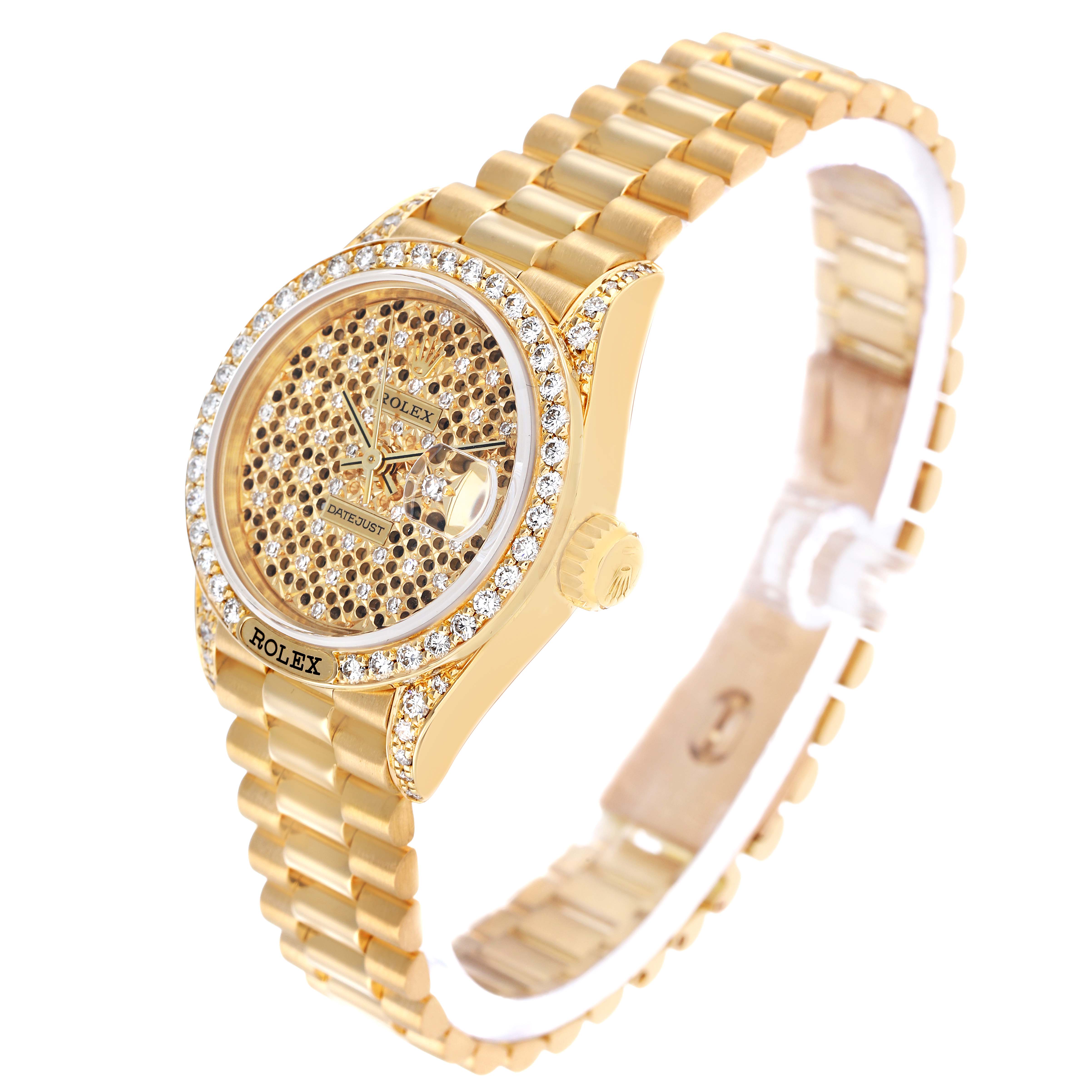 The image shows the Rolex President 69158 Women's Yellow Gold Champagne Dial model watch at a three-quarter angle, highlighting the dial, bezel, and bracelet.