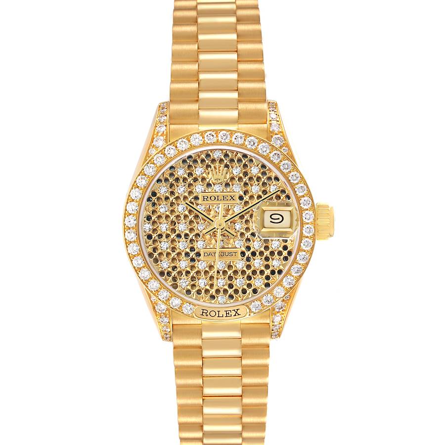 The Rolex President 69158 Women's Yellow Gold Champagne Dial model is shown from a top view, highlighting its gold and diamond-accented dial and bracelet.