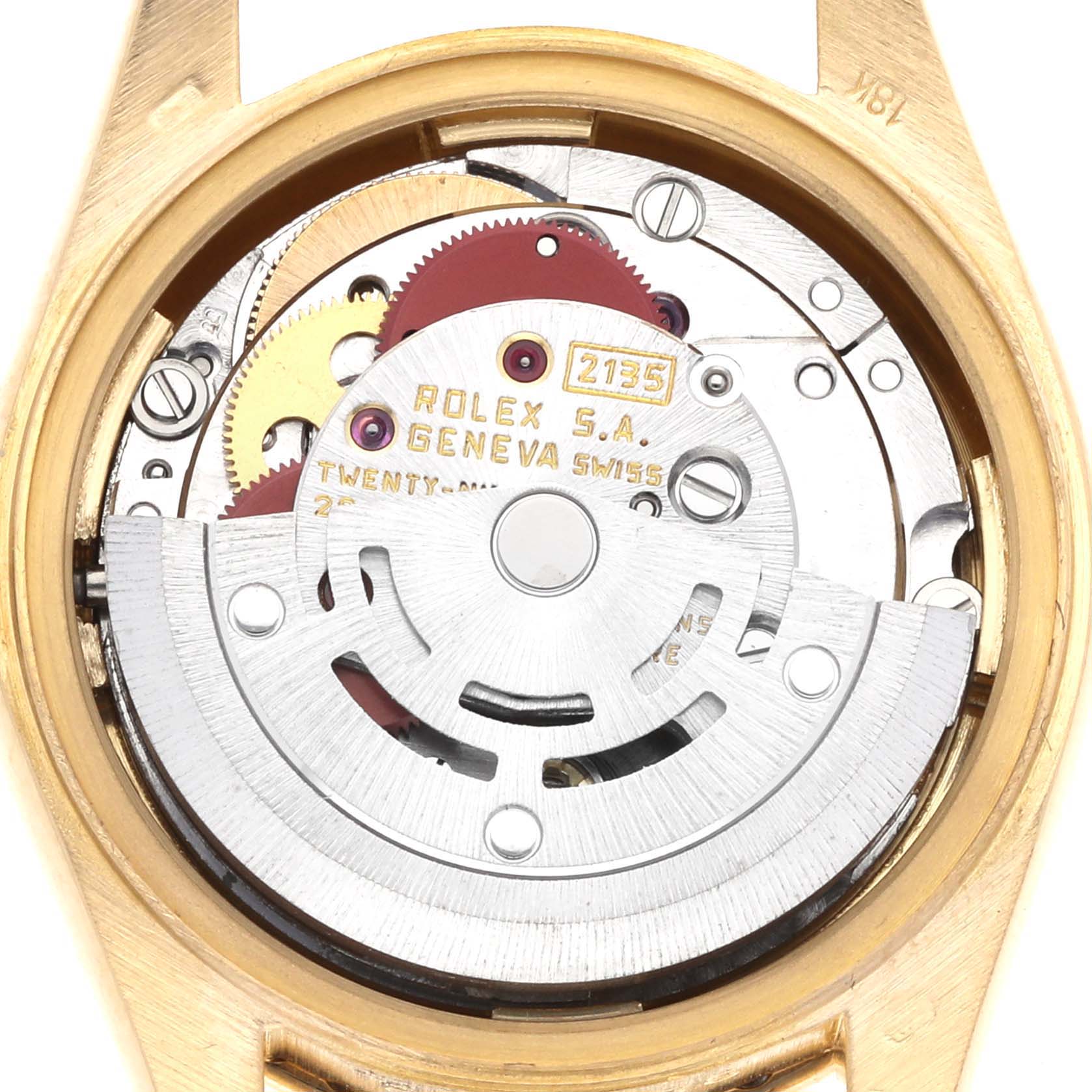The image shows the back view of a Rolex President 69158 Women's Yellow Gold Champagne Dial model, displaying its internal movement mechanism.