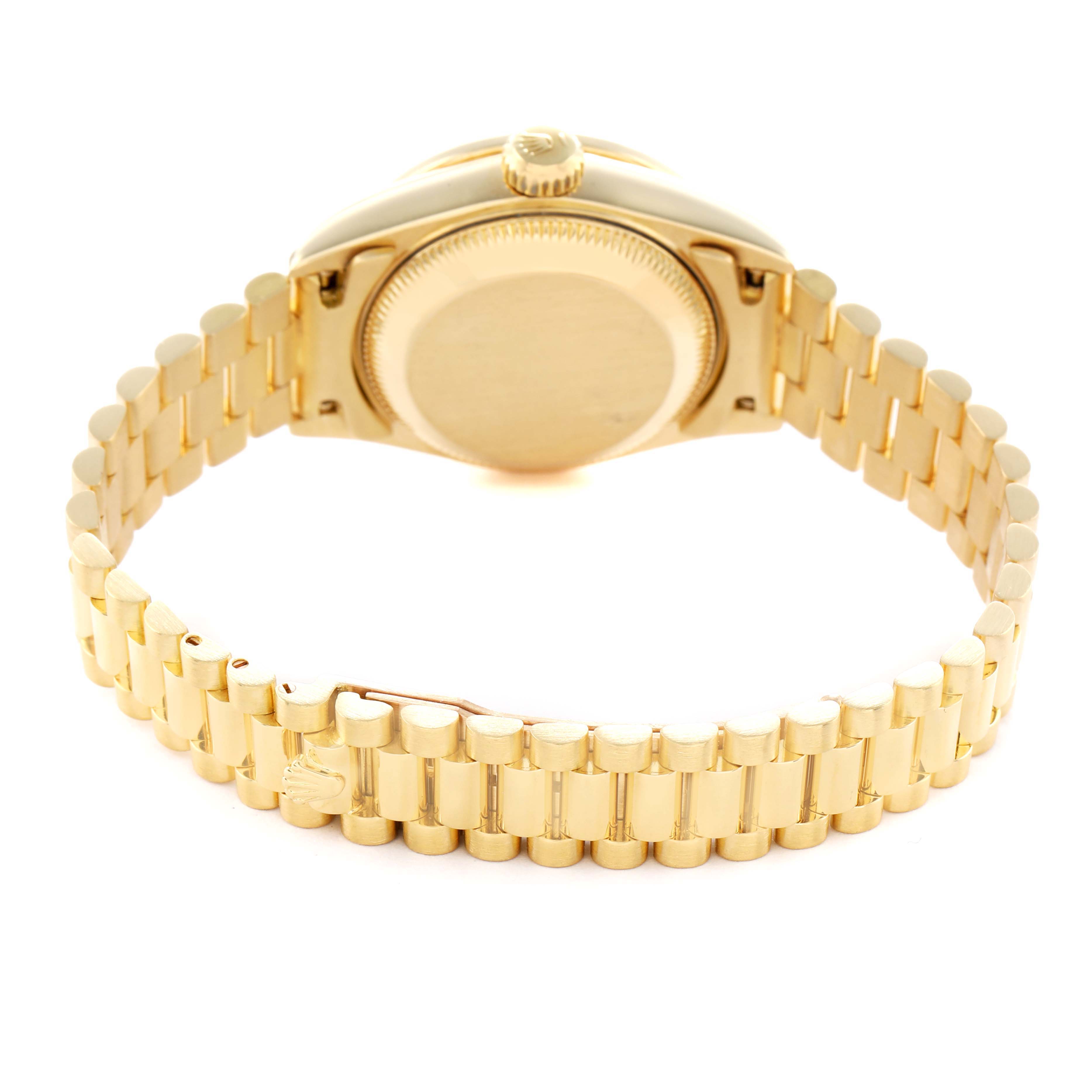 The image shows the back view of a Rolex President 69158 Women's Yellow Gold Champagne Dial model, highlighting the gold case back and bracelet.