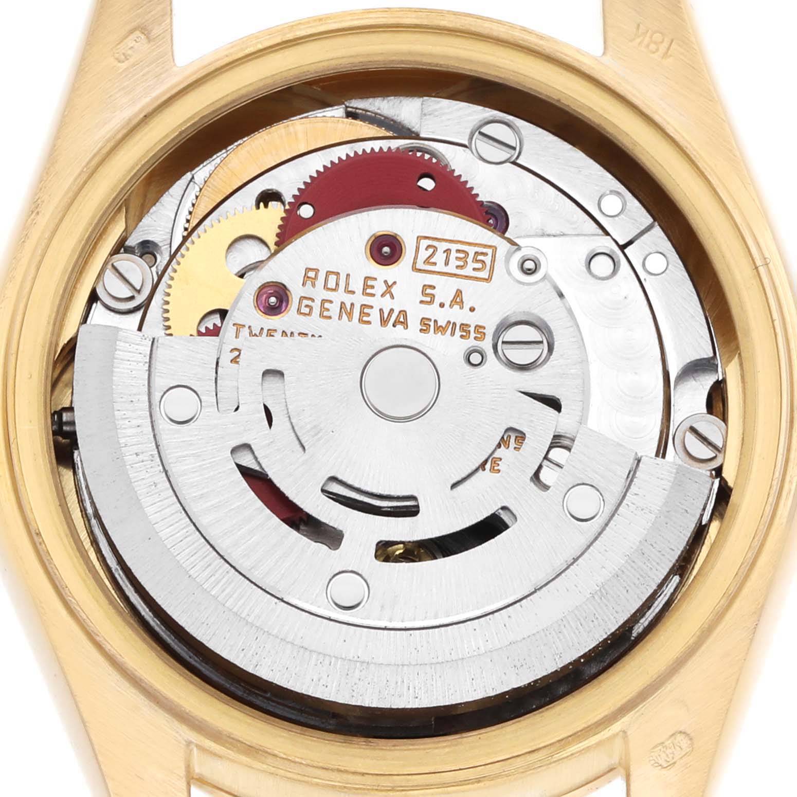 The image shows the internal mechanism of a Rolex President 69258 Women's Yellow Gold Champagne Dial model from a back view, highlighting the rotor and gears.