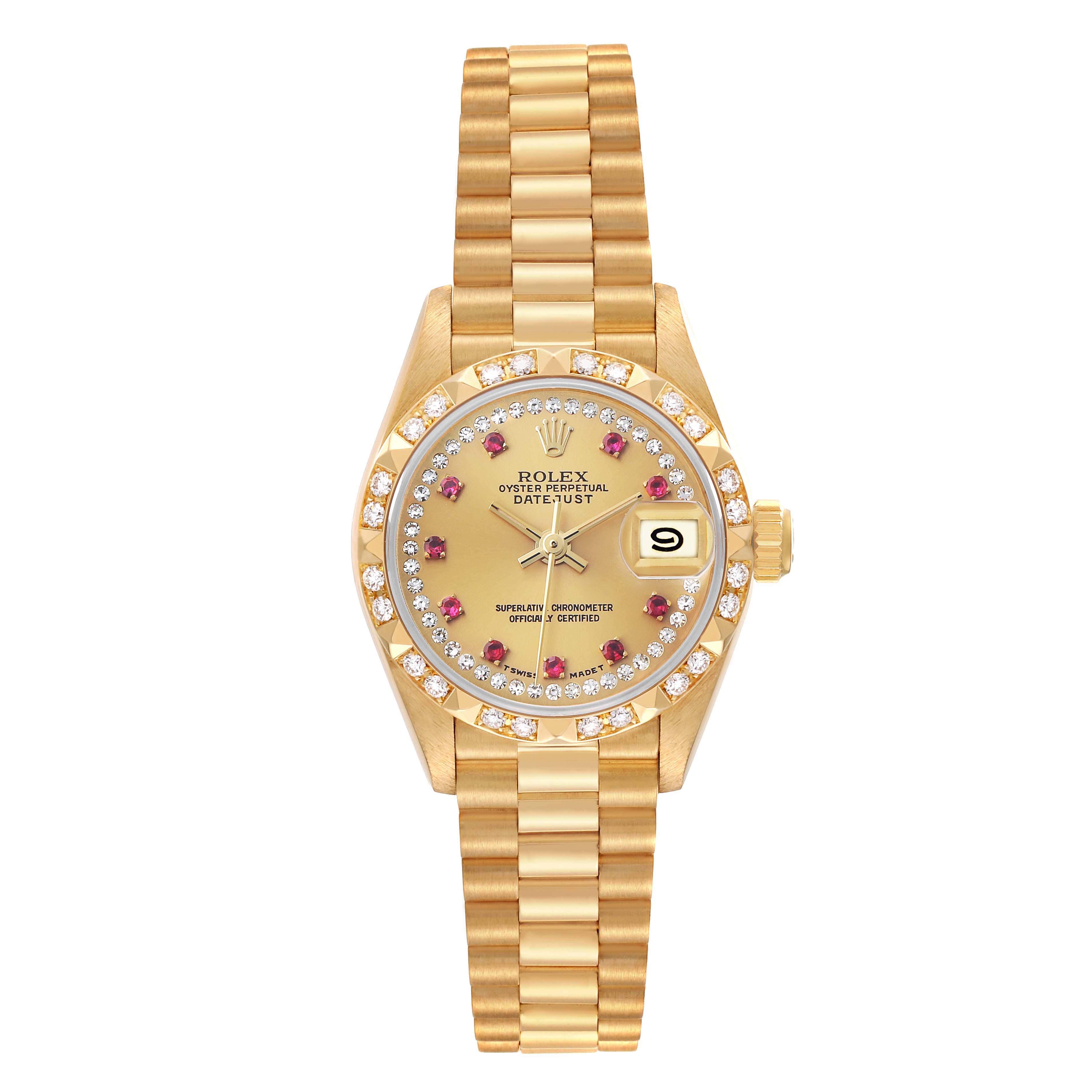 The Rolex President 69258 Women's Yellow Gold Champagne Dial model is shown from a top view, highlighting the gold bracelet, diamond bezel, and date display.