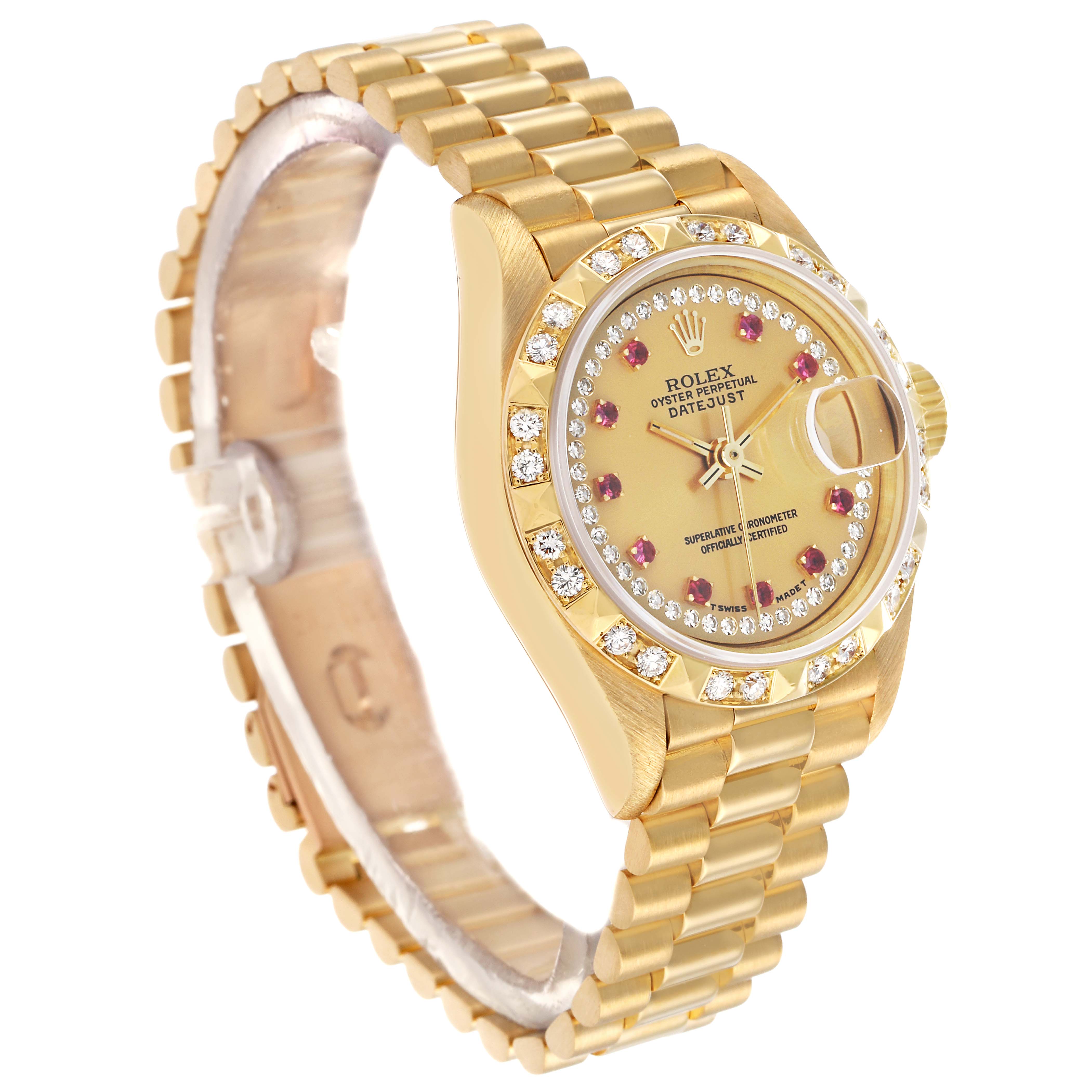 The Rolex President 69258 Women's Yellow Gold Champagne Dial model watch is shown at a three-quarter angle, highlighting the dial, bezel, and bracelet.