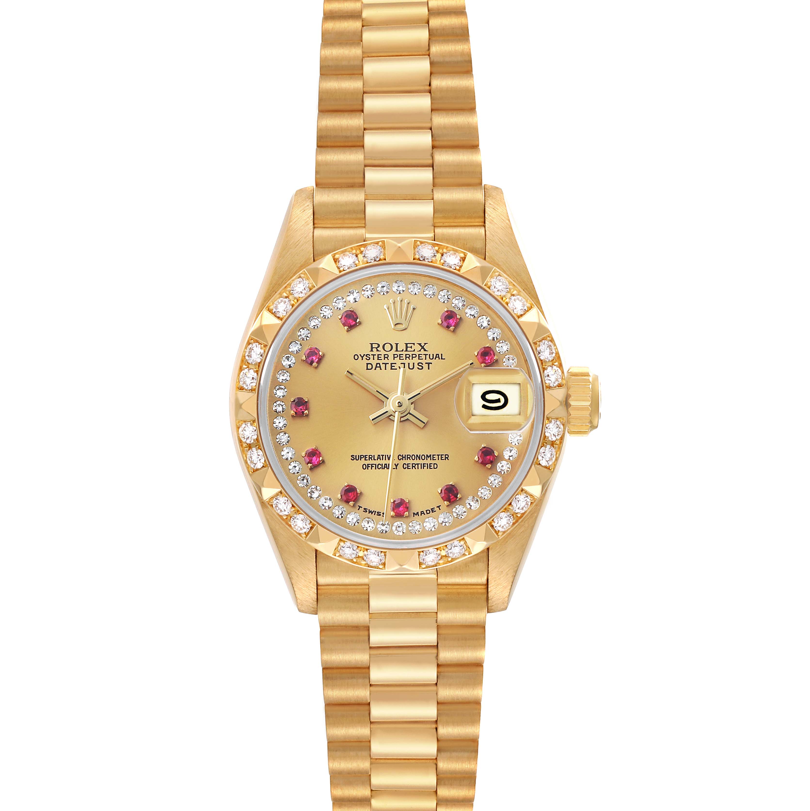 The Rolex President 69258 Women's Yellow Gold Champagne Dial model is shown from the front, displaying its gold bracelet, diamond-set bezel, and date window.