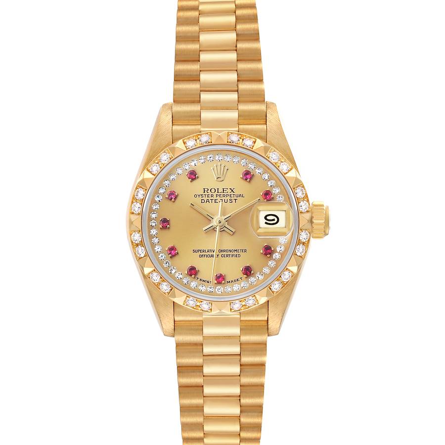 The Rolex President 69258 Women's Yellow Gold Champagne Dial model is shown from the front, displaying its gold bracelet, diamond-set bezel, and date window.
