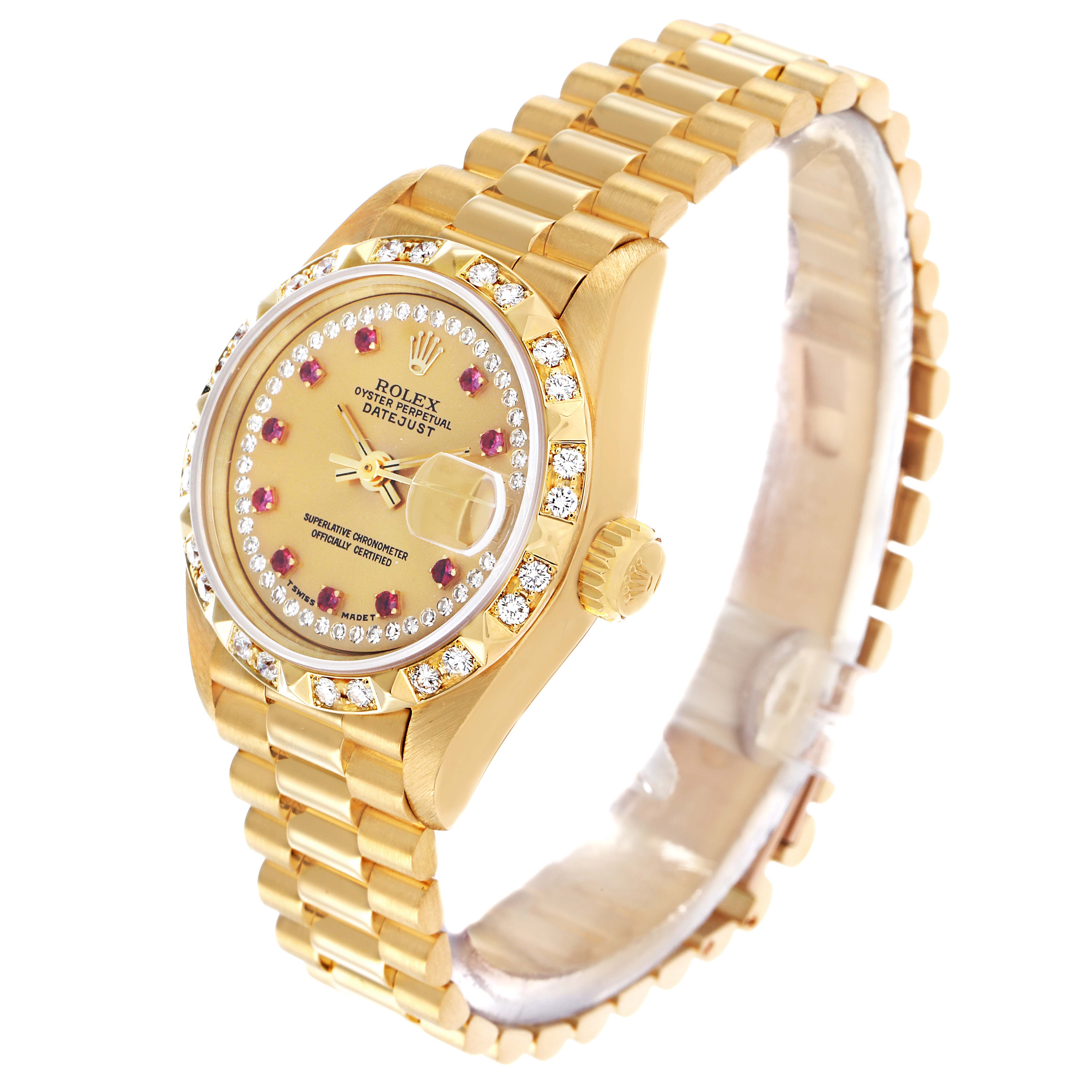 The Rolex President 69258 Women's Yellow Gold Champagne Dial model is shown at a three-quarter angle, highlighting the gold case, diamond bezel, bracelet, and dial details.
