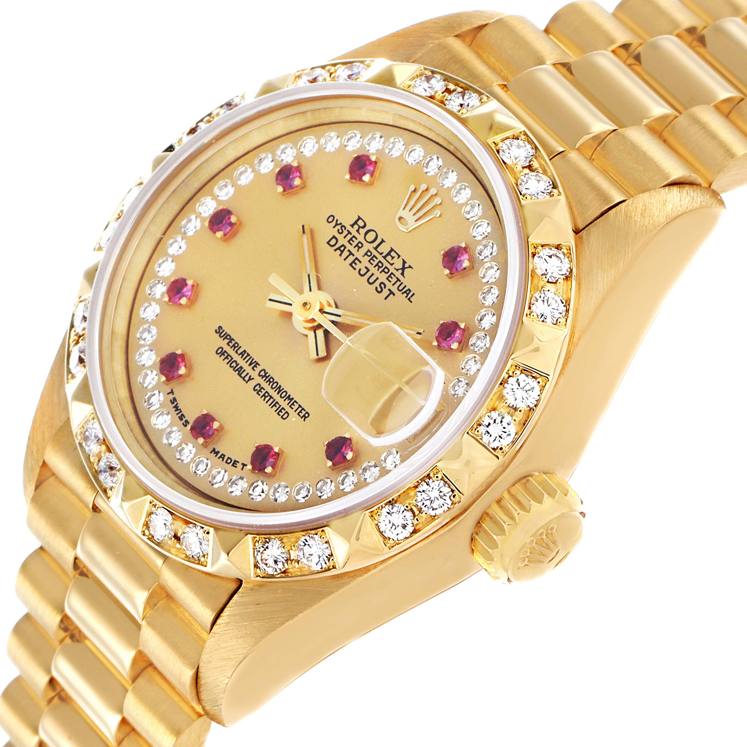 The Rolex President 69258 Women's Yellow Gold Champagne Dial model is shown at an angle highlighting the gold bracelet, diamond bezel, and ruby hour markers.