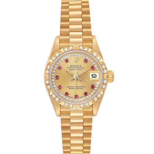 Photo of Rolex President Datejust Yellow Gold Ruby Pyramid Diamond Bezel Watch 69258