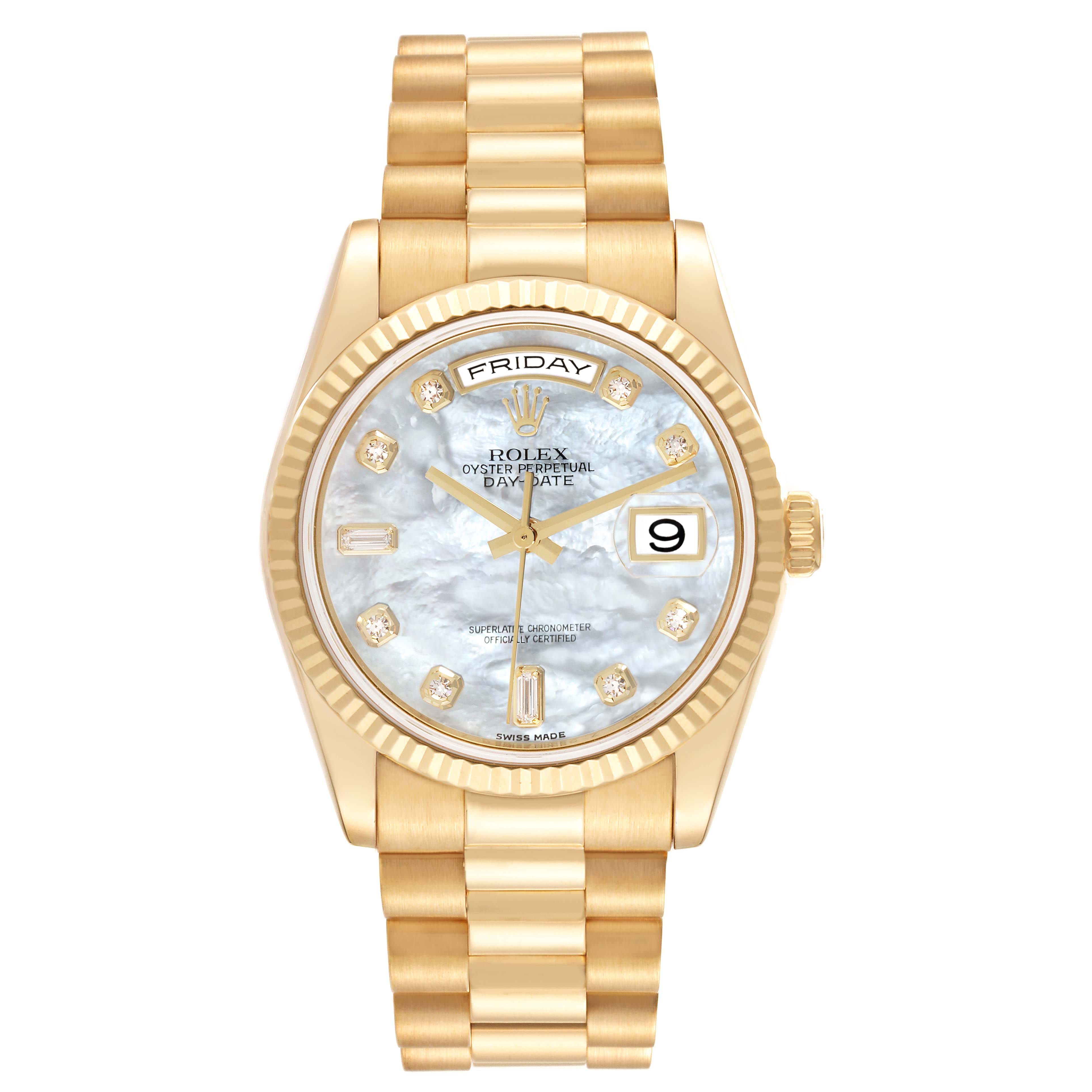 The Rolex President 118238 Men's Yellow Gold Mother of Pearl Dial 118238 Men's Yellow Gold Mother of Pearl Dial model watch is shown from the front, displaying its face, bezel, and bracelet.