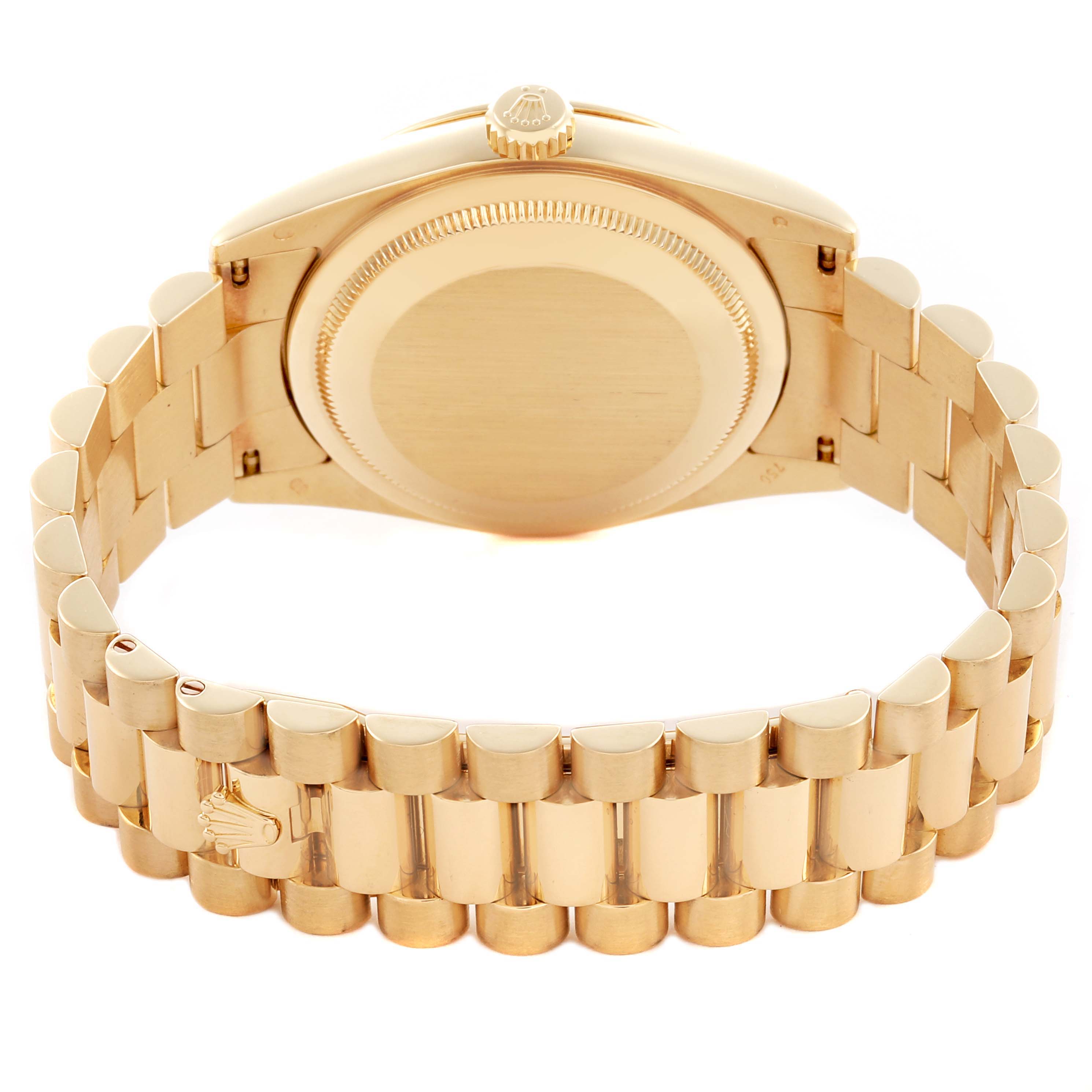 The image shows the back and bracelet of a Rolex President 118238 Men's Yellow Gold Mother of Pearl Dial 118238 Men's Yellow Gold Mother of Pearl Dial model watch at a slight upward angle.