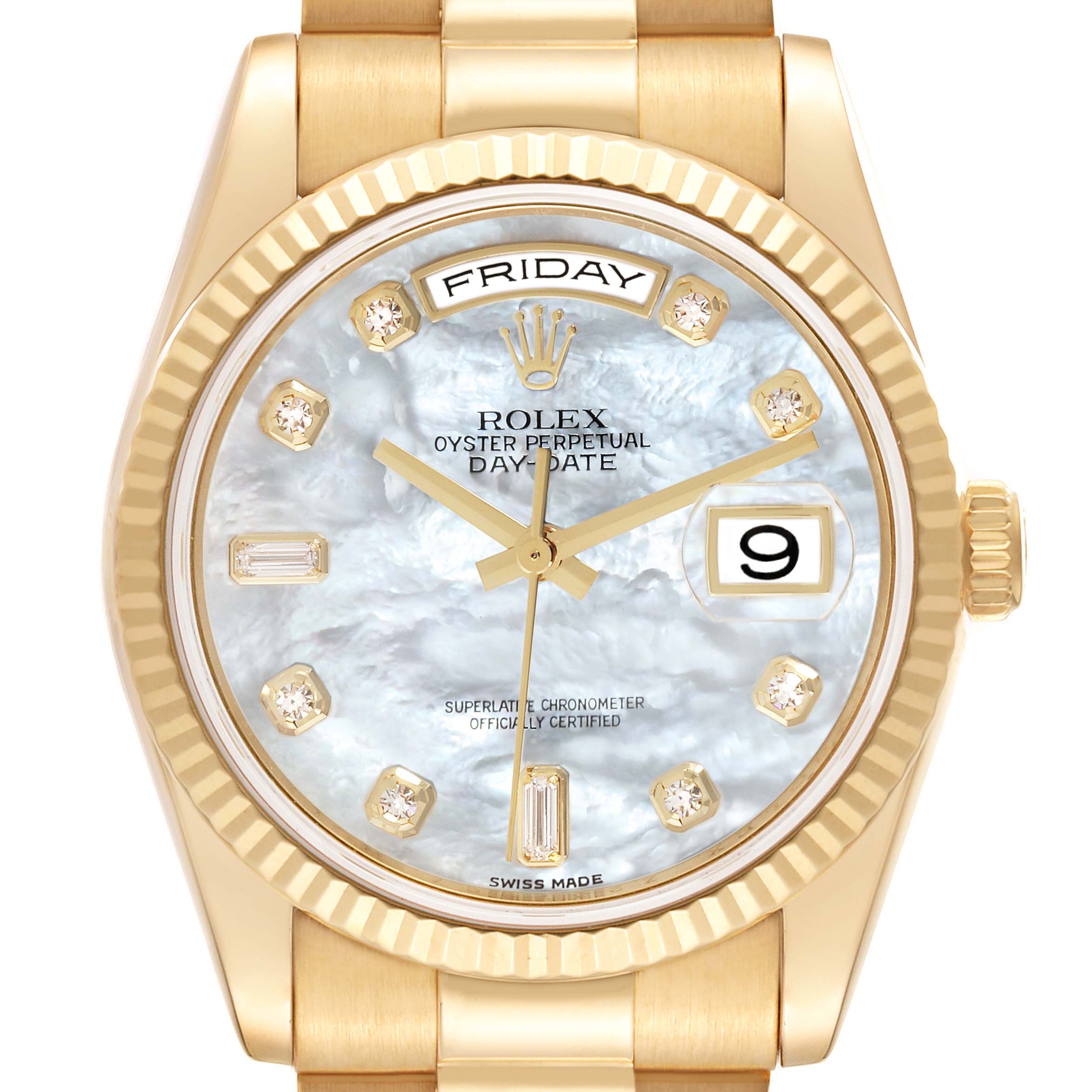 The Rolex President 118238 Men's Yellow Gold Mother of Pearl Dial 118238 Men's Yellow Gold Mother of Pearl Dial watch is shown from the front, displaying its face, gold bezel, and crown.