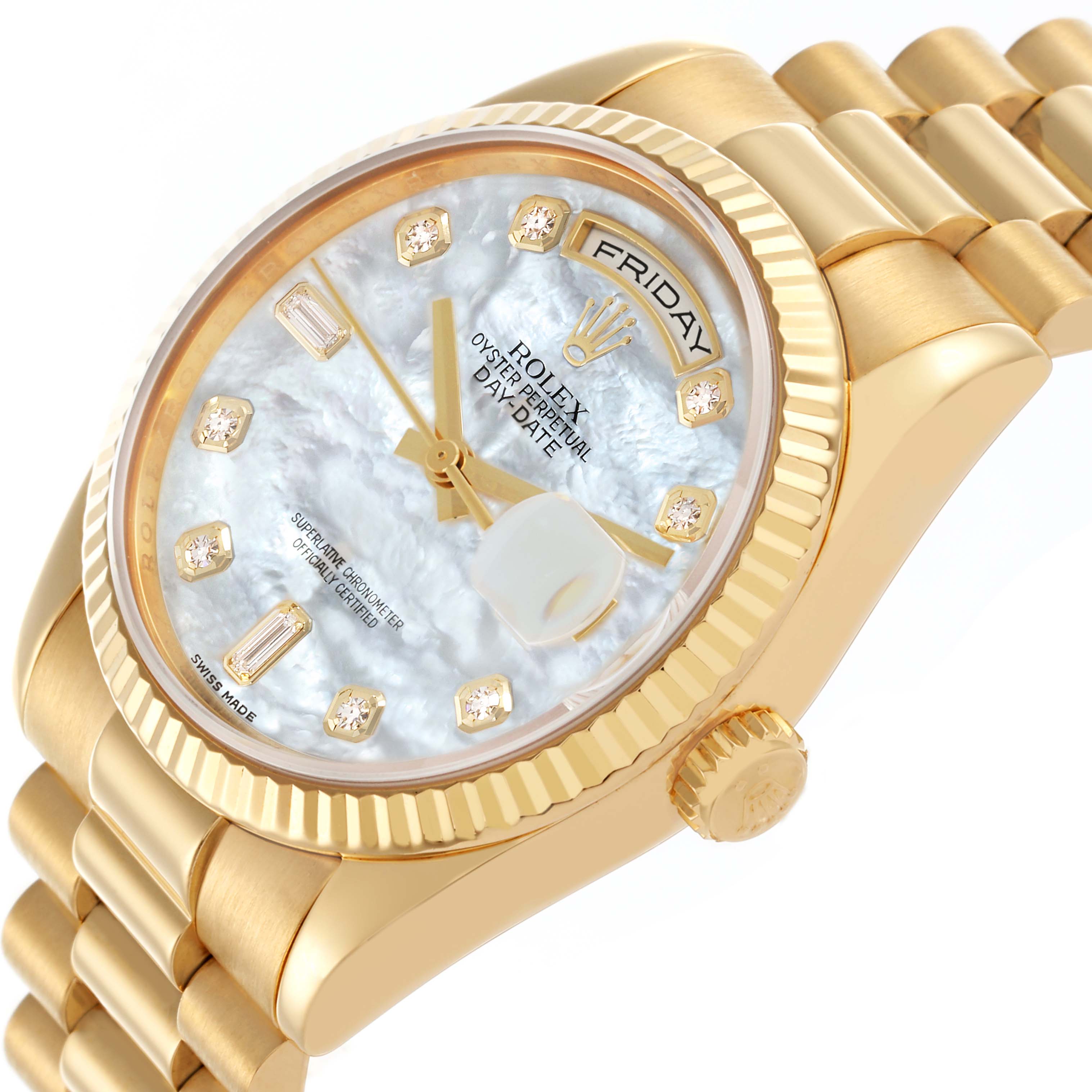 The Rolex President 118238 Men's Yellow Gold Mother of Pearl Dial 118238 Men's Yellow Gold Mother of Pearl Dial watch is shown at a slight angle, highlighting the dial, bezel, and part of the bracelet.