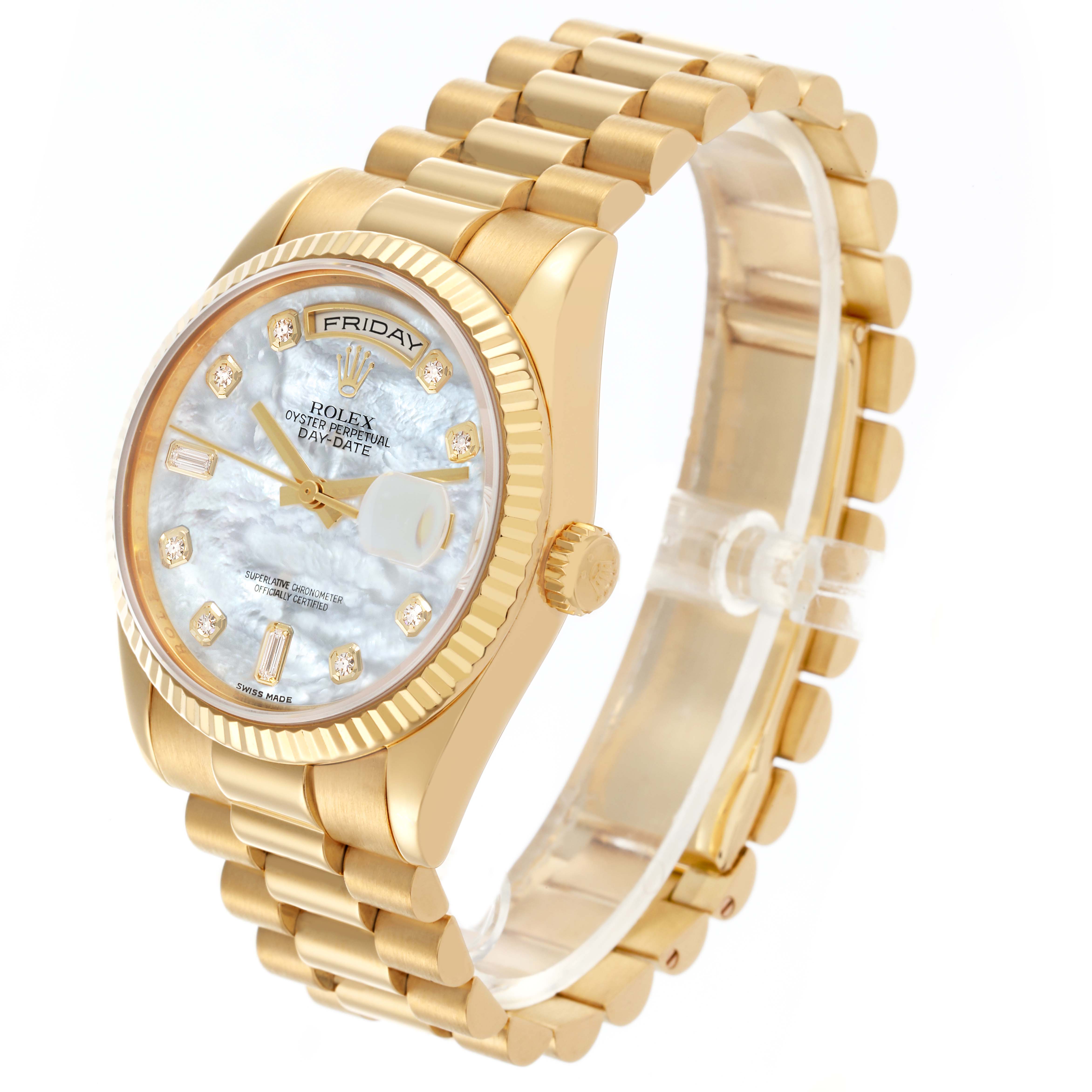 The Rolex President 118238 Men's Yellow Gold Mother of Pearl Dial 118238 Men's Yellow Gold Mother of Pearl Dial model shows a close-up of the watch face, gold case, and band from a slight angle.